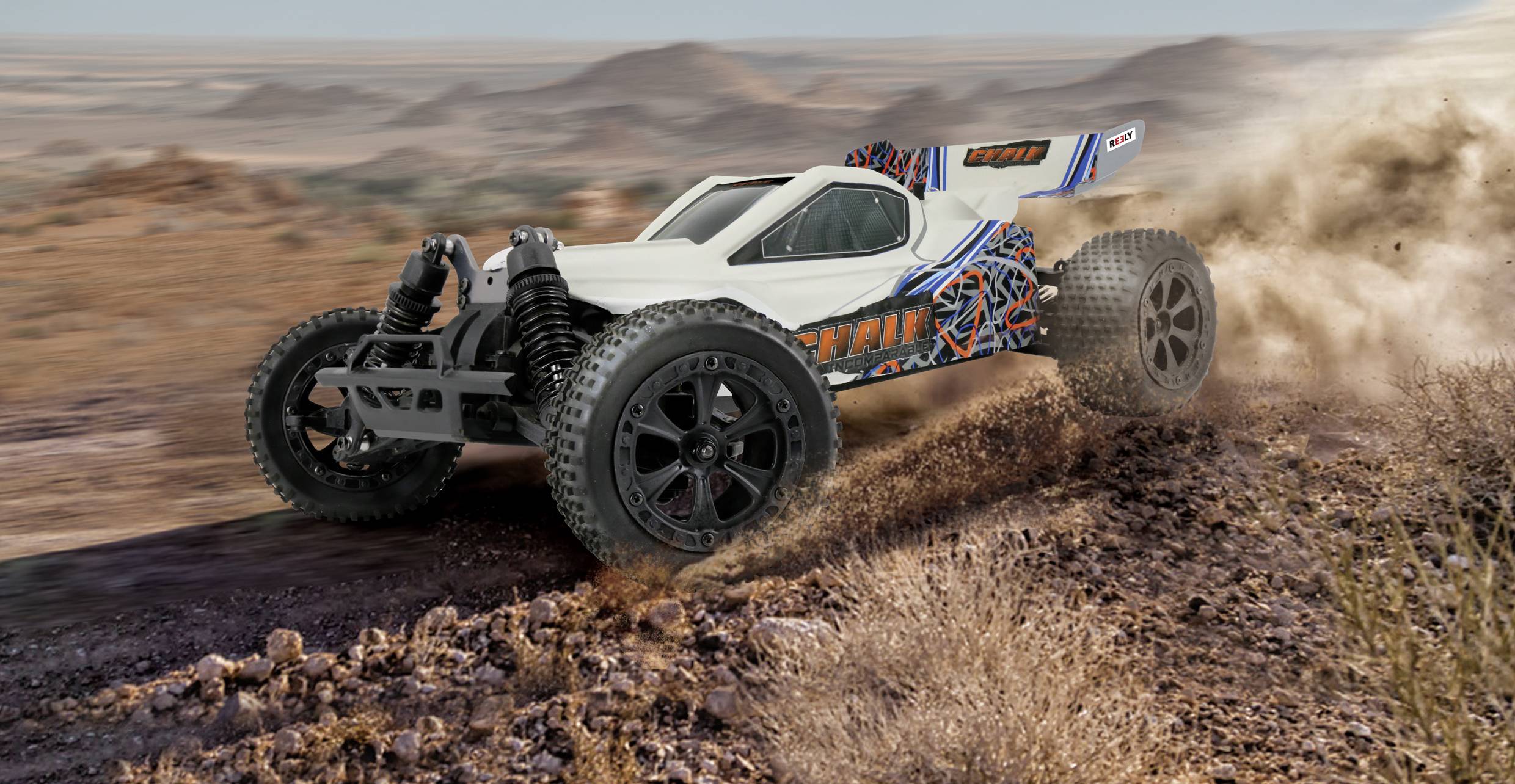 Reely Chalk 4WD gris craie brushless 1:10 Auto RC électrique Buggy 4 roues motrices (4WD) 100% RtR 2,4 GHz avec accu, chargeur et