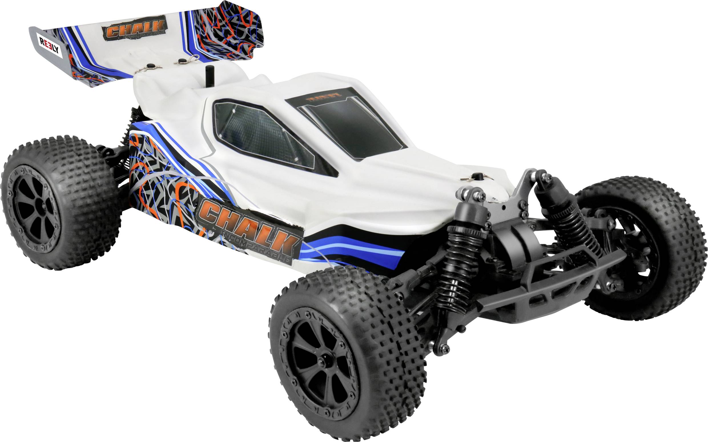 Reely Chalk 4WD gris craie brushless 1:10 Auto RC électrique Buggy 4 roues motrices (4WD) 100% RtR 2,4 GHz avec accu, chargeur et