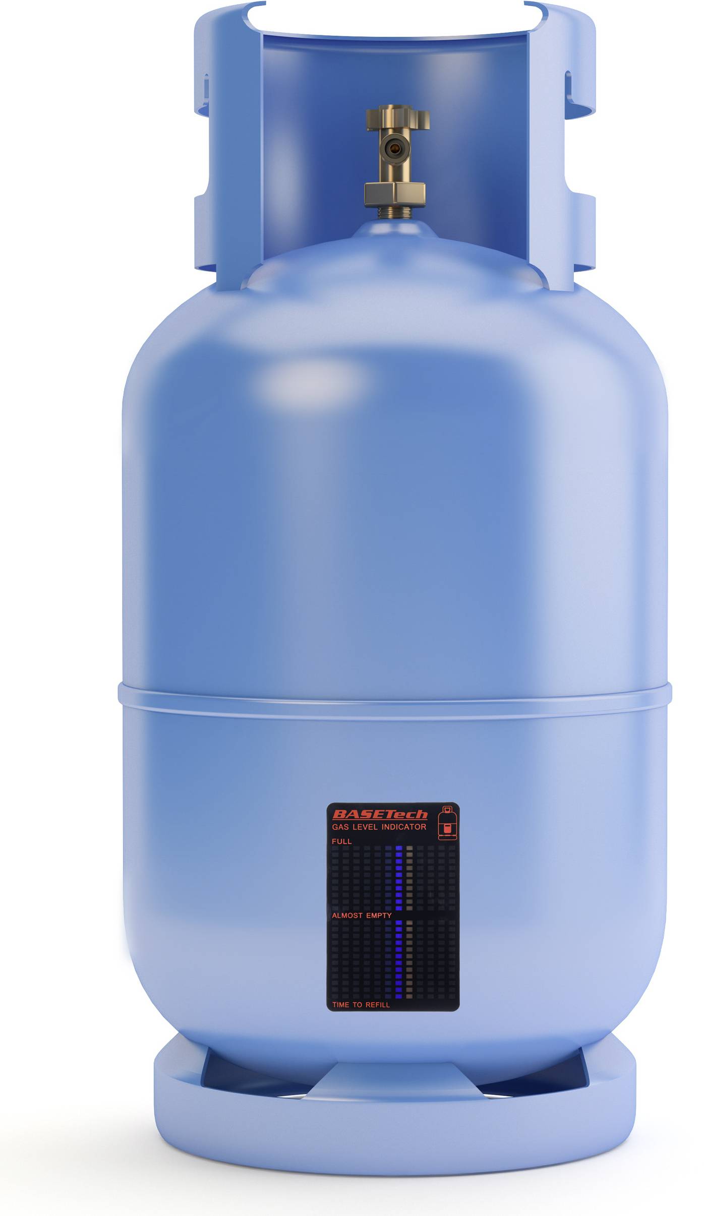 Bouteille de gaz bleue avec une vanne métallique en haut.