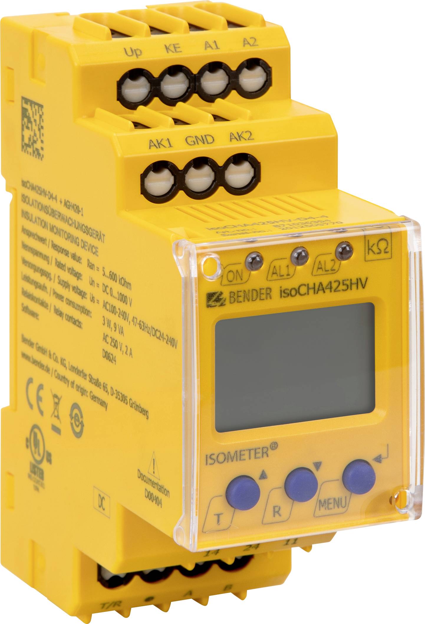 Un appareil de mesure électrique jaune avec affichage et touches de commande, portant l'inscription 'ISOMETER isoCHA425HV', utilisé pour la mesure de l'isolation.