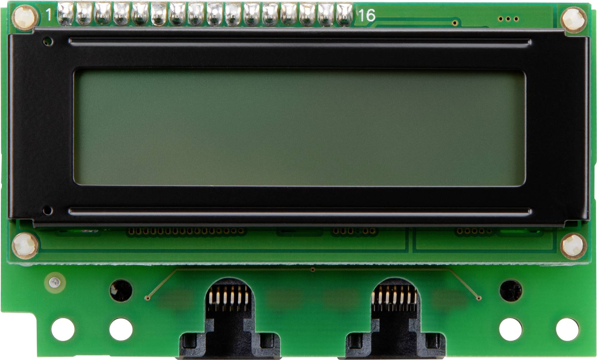 Un module d'écran LCD standard avec un fond vert et un cadre noir pour des applications électroniques, contacts de circuit imprimé visibles.