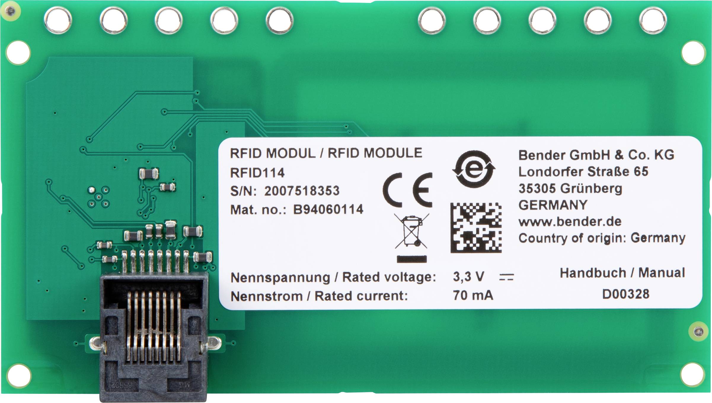 Module RFID avec informations d'entreprise et spécifications techniques sur un circuit imprimé vert.