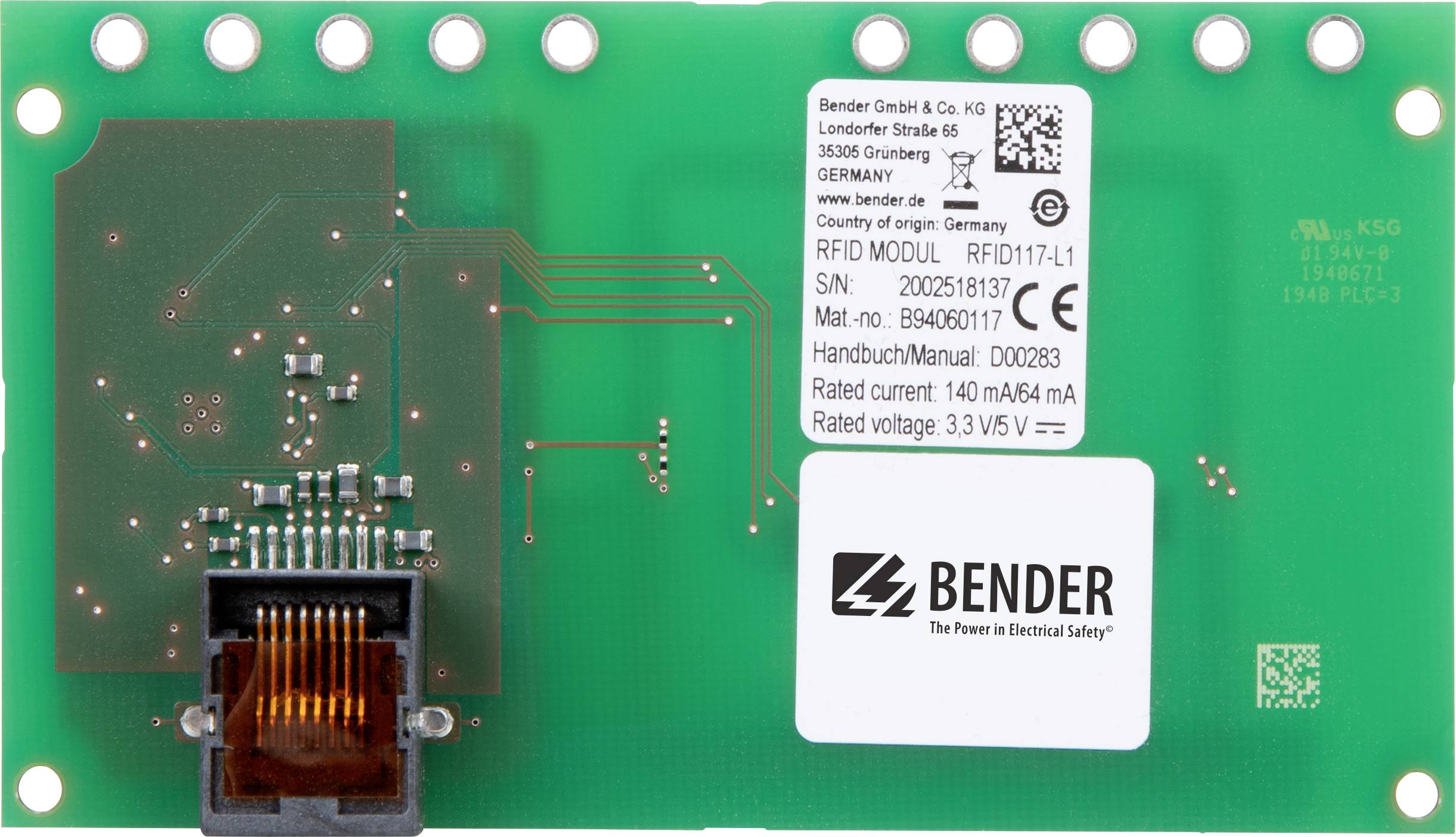 Platine de module RFID de Bender GmbH avec spécifications techniques. Contient le numéro de série et les indications de tension.