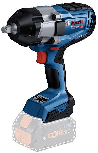 Visseuse à percussion sans fil avec poignée bleue, tête argentée et logo Bosch rouge. En bas, un emplacement est prévu pour une batterie amovible.