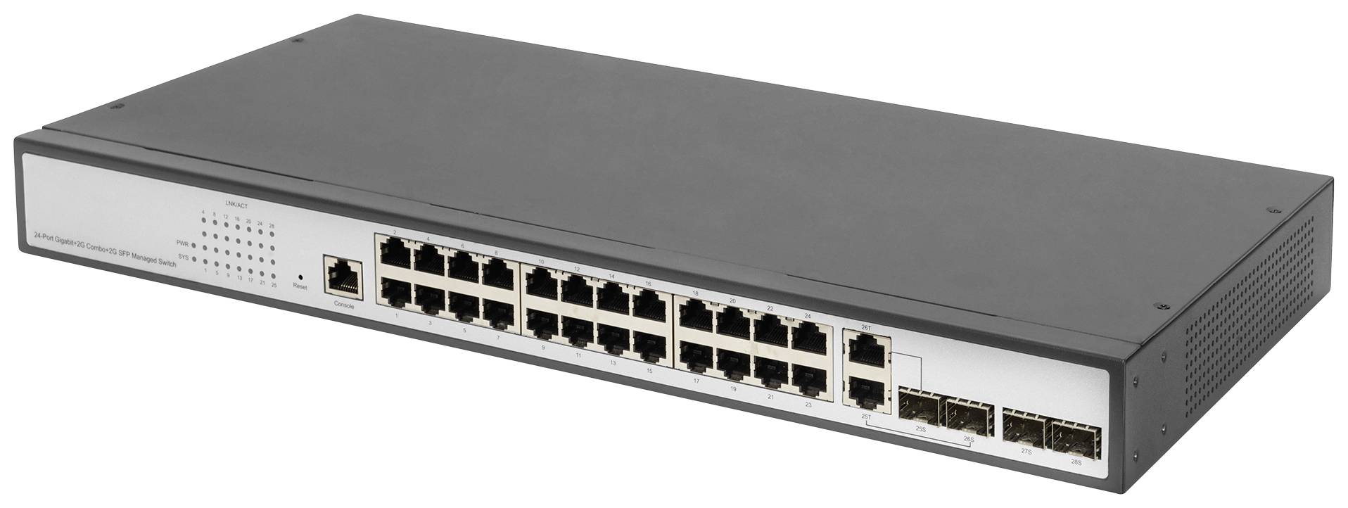 Un commutateur réseau avec plusieurs ports Ethernet pour la transmission de données dans un réseau informatique, représenté en noir et argent.