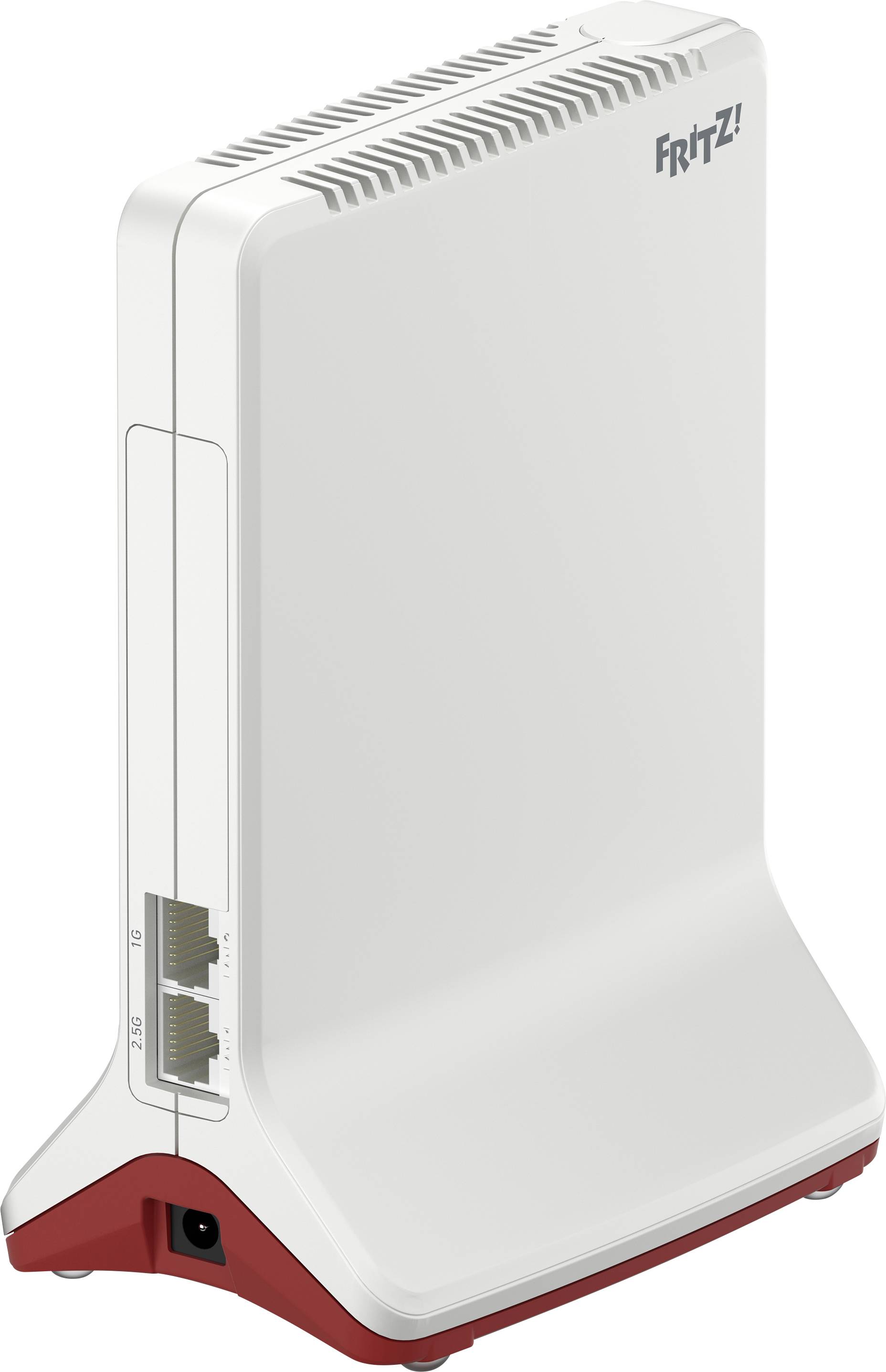 Un routeur blanc avec deux ports Ethernet et des fentes de ventilation, debout, avec la marque 'Fritz!' en haut.