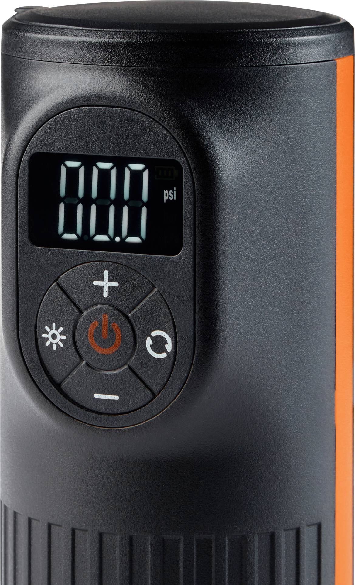 Compresseur d'air électrique portable avec affichage numérique, indiquant '0,0 psi'. Panneau de commande avec boutons Plus, Moins et Marche/Arrêt.