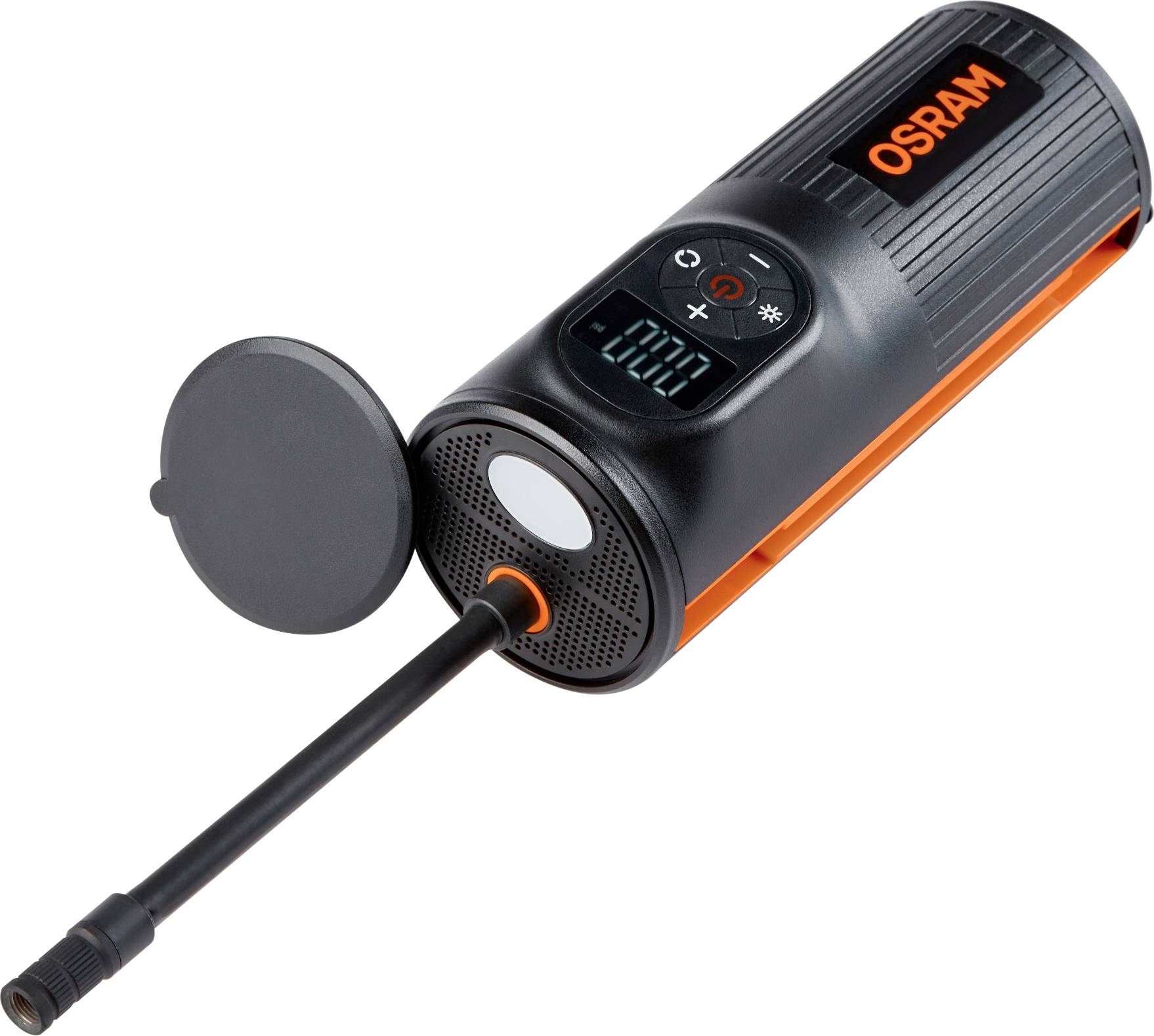 Pompe à air électrique portable en noir avec logo OSRAM. Comprend un écran et un tuyau avec embout de gonflage.