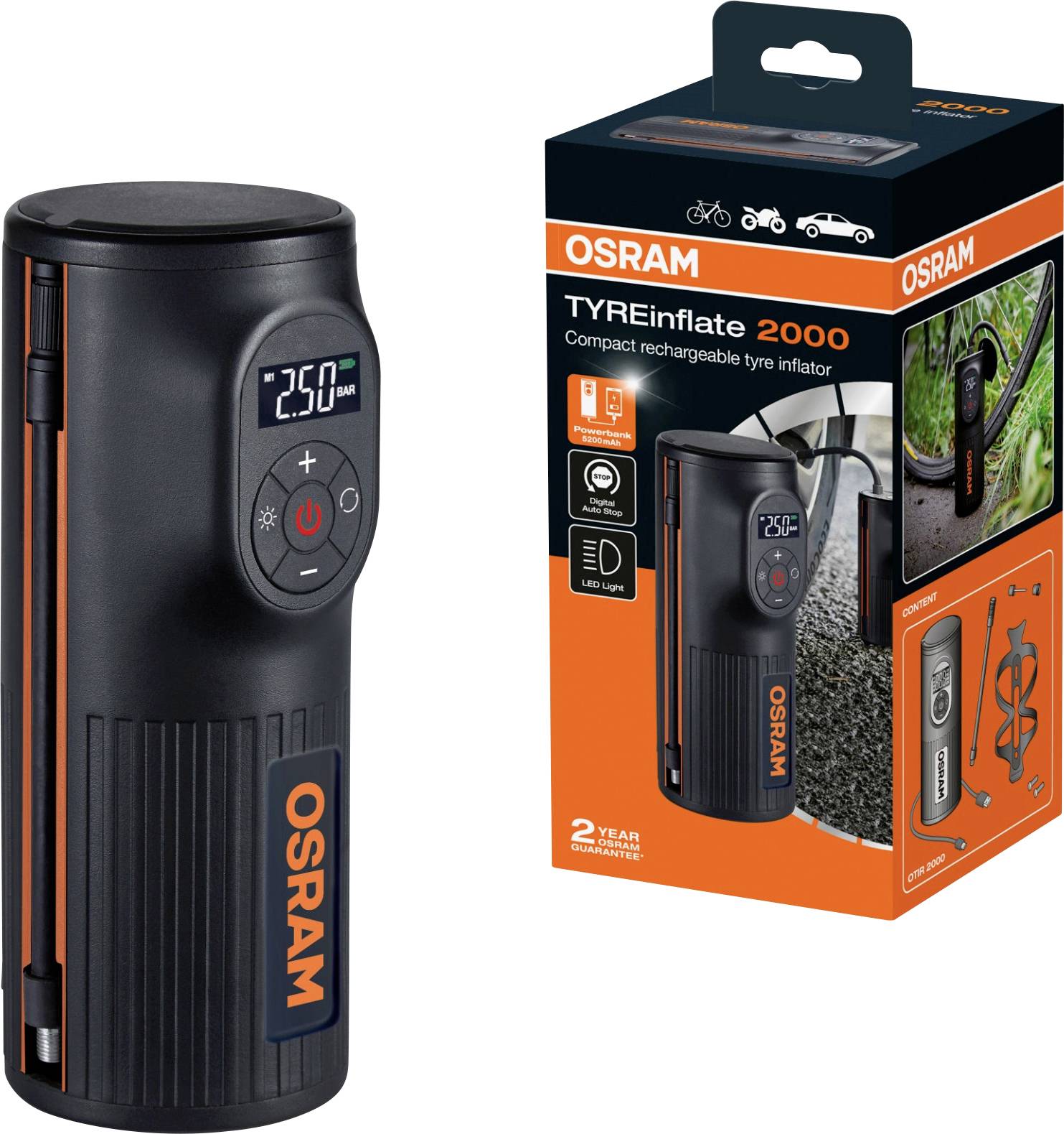 Un gonfleur de pneus compact et rechargeable d'OSRAM avec affichage numérique. Indique 2,50 bars. L'emballage présente des exemples d'utilisation.