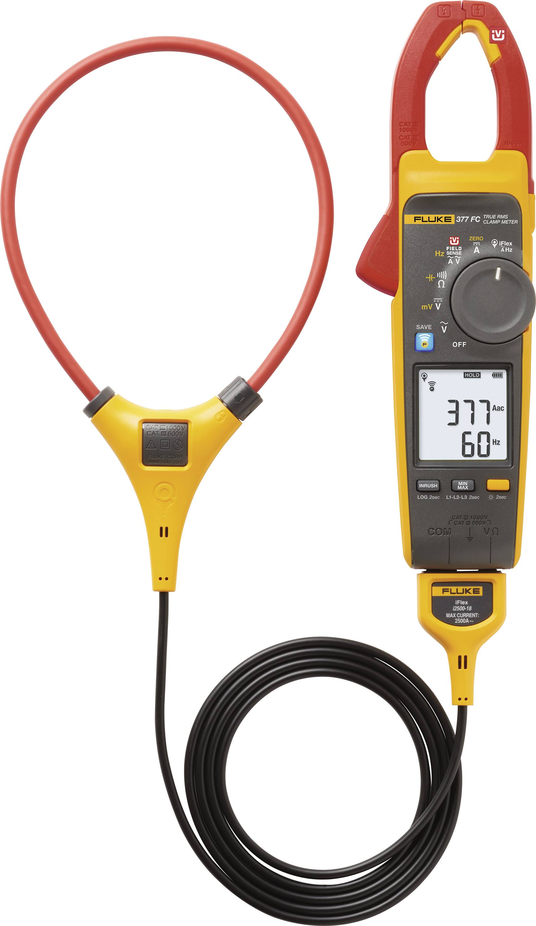 Un appareil de mesure jaune et rouge avec un affichage numérique indique '377 A' et '60 Hz'. Il est relié par un câble flexible.