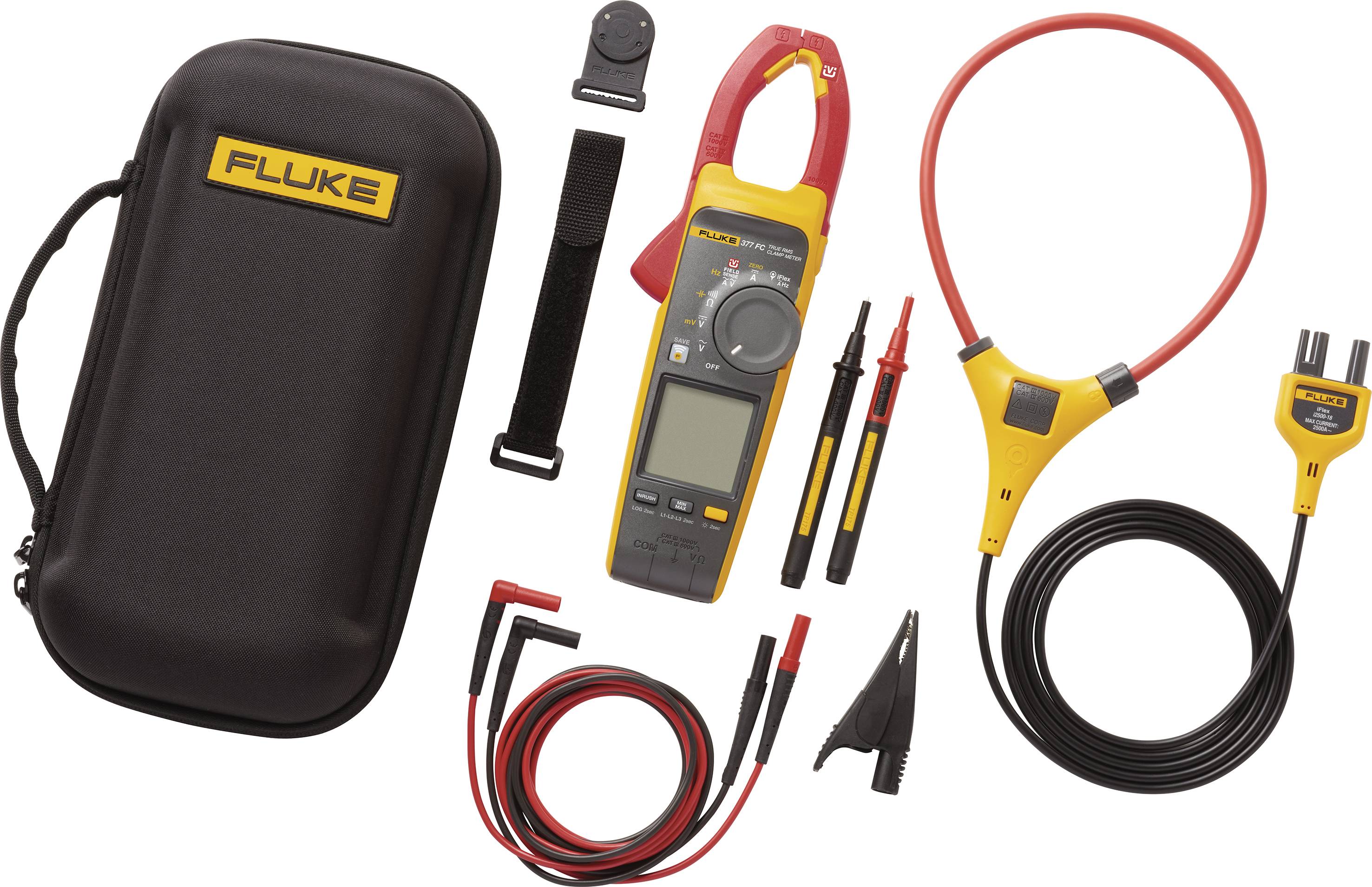 Un ensemble de multimètre comprenant différents câbles et accessoires, incluant un étui de transport et un pince-ampèremètre, le tout en noir et jaune.