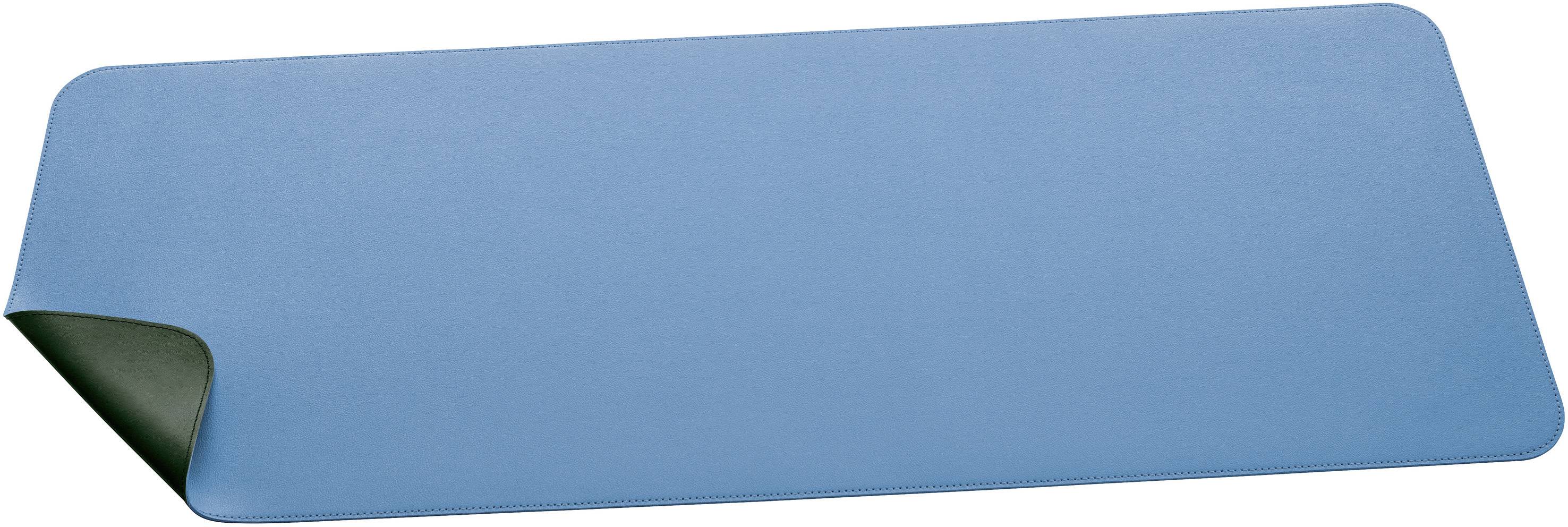 Un tapis de yoga bleu aux coins arrondis, légèrement enroulé à un coin, sur un fond clair.