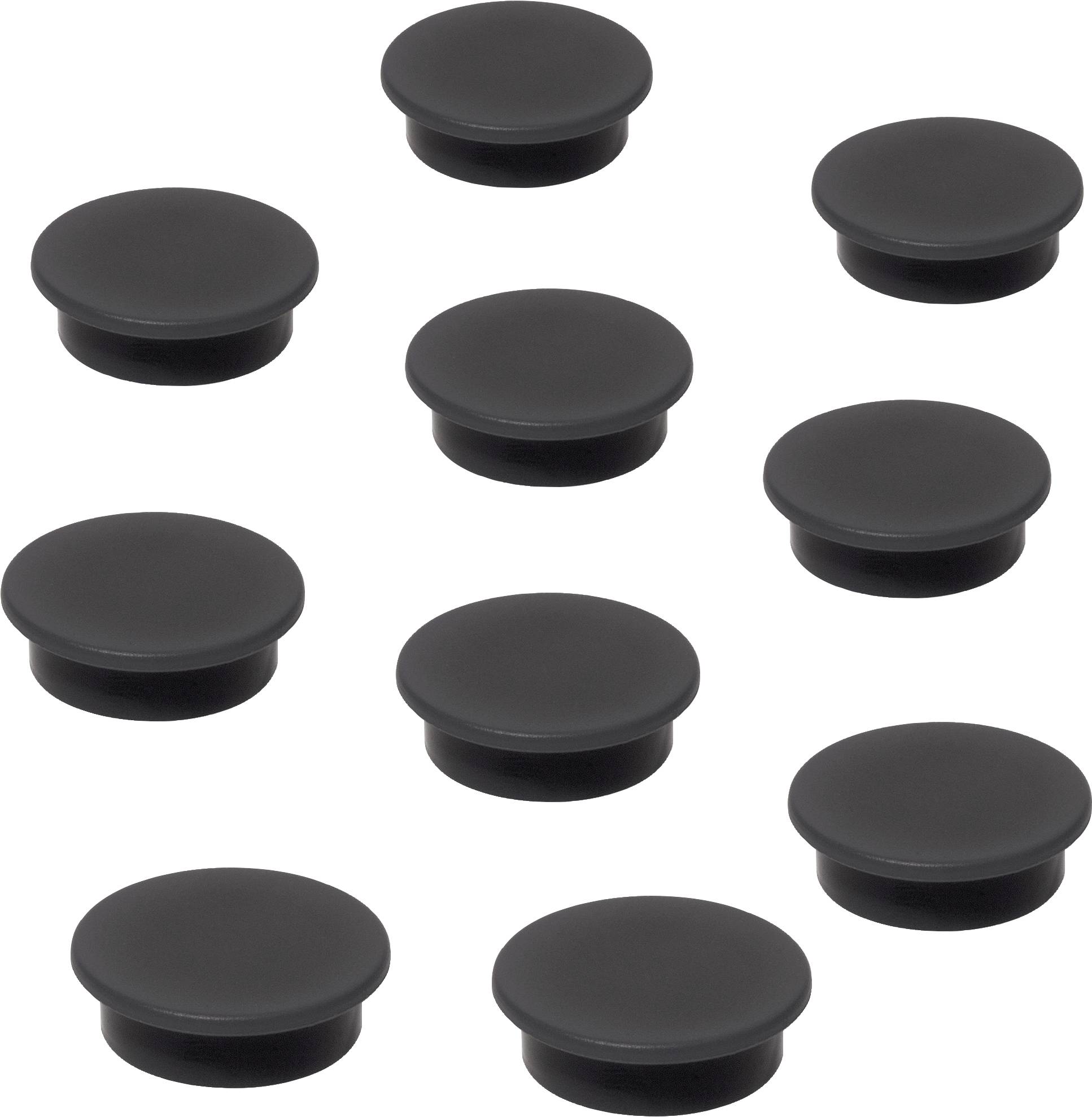 Dix bouchons ronds noirs en plastique, répartis uniformément sur un fond blanc, probablement destinés à obturer des trous ou à couvrir des vis.