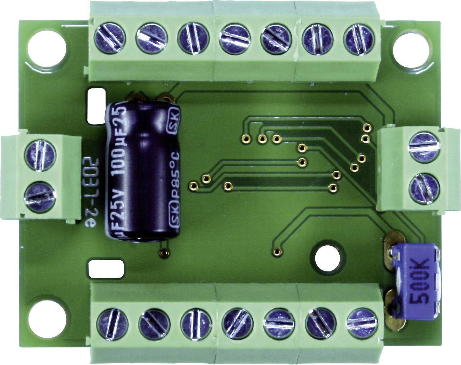 Carte PCB à surface verte, équipée de résistances et de condensateurs, montrant des circuits électriques et des bornes de connexion.