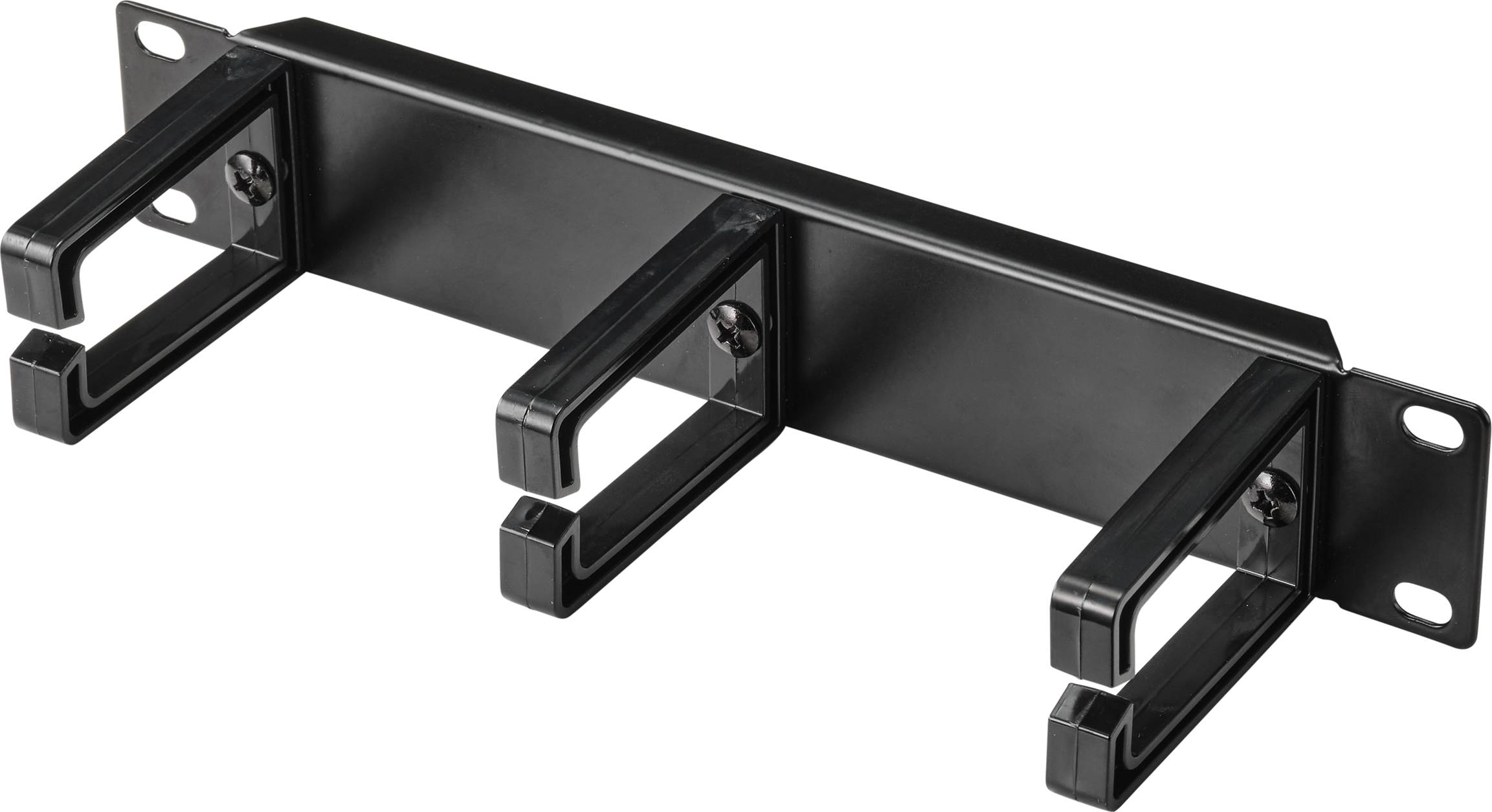 Support de câbles noir triple, pour l'organisation des câbles. Trous de fixation aux extrémités pour une installation murale ou sur un bureau.