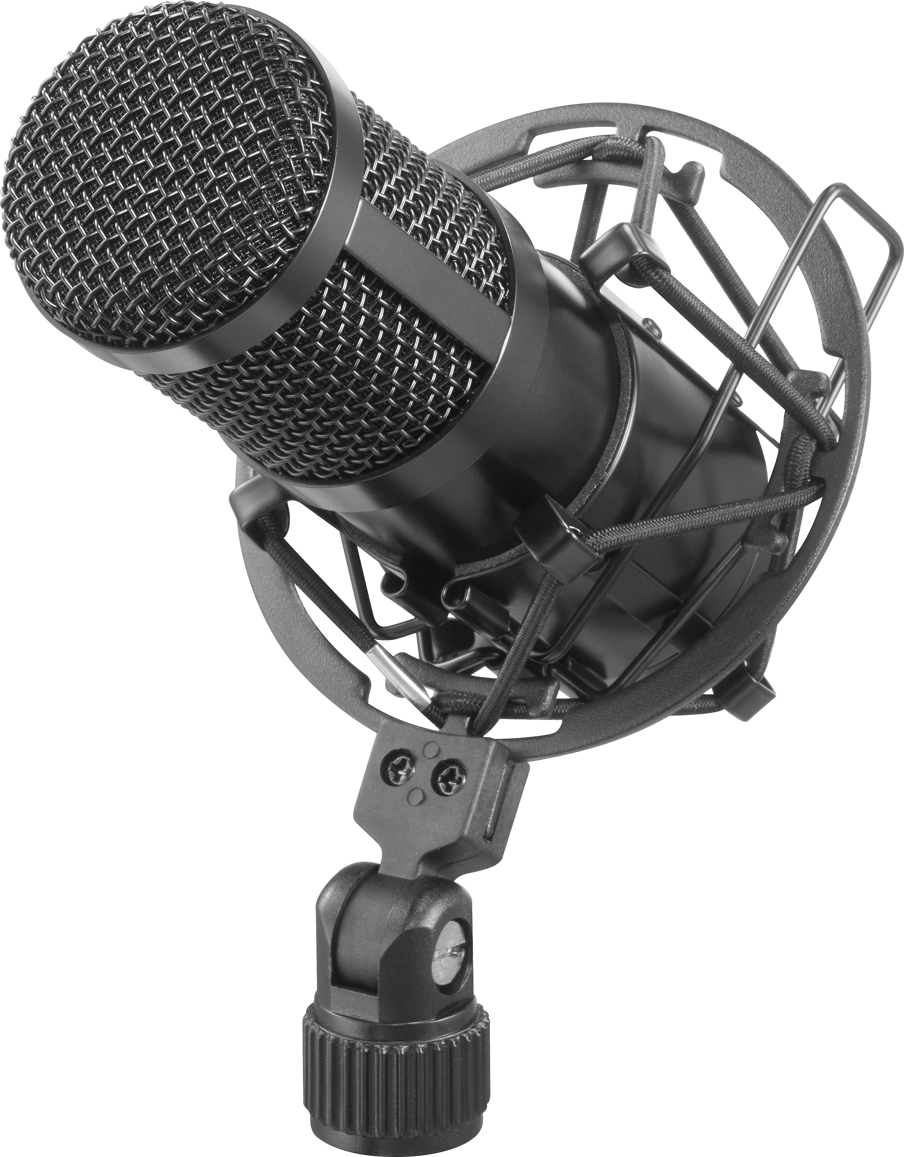 Un microphone de studio noir avec un filtre anti-pop et un support de trépied, prêt pour des enregistrements audio ou des podcasts.