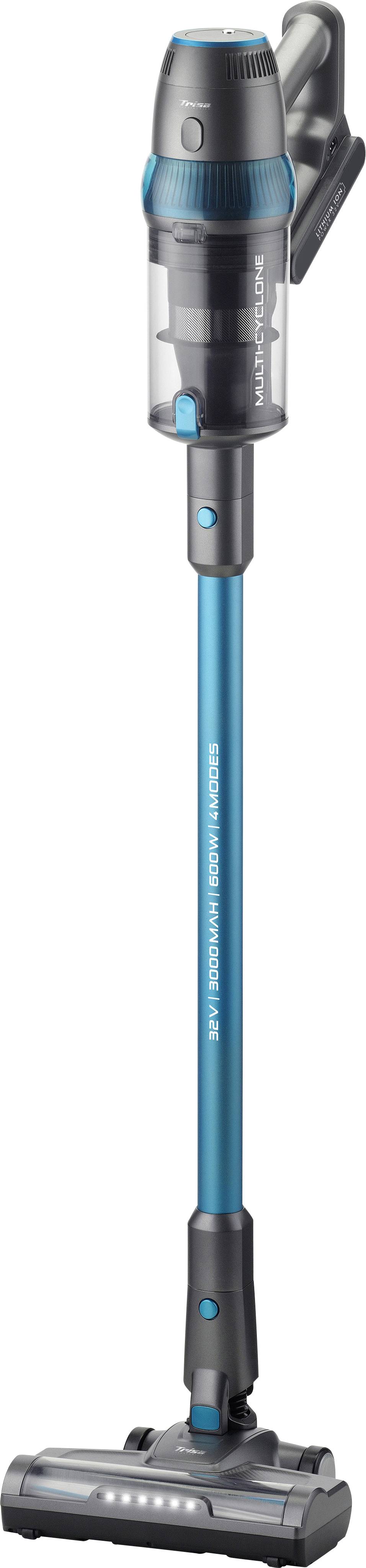 Aspirateur balai sans fil bleu, avec des accents gris et un réservoir à poussière transparent, debout, sans accessoires visibles.