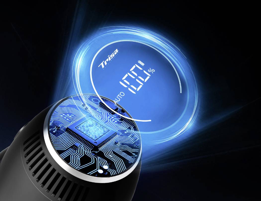 Rasoir électrique noir avec affichage LED circulaire bleu, indiquant 'Trisa', '100%', alliant design et technologie.