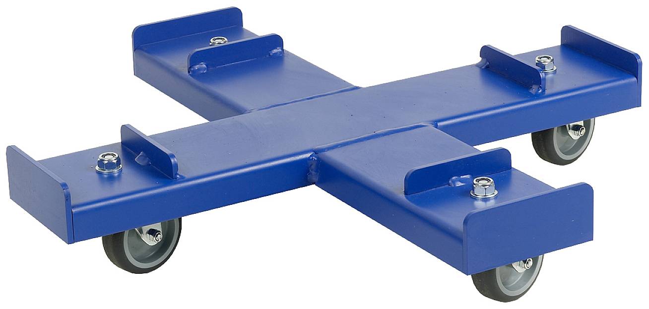 Chariot bleu à quatre roues, conçu en forme de croix, pour le transport d'objets lourds.