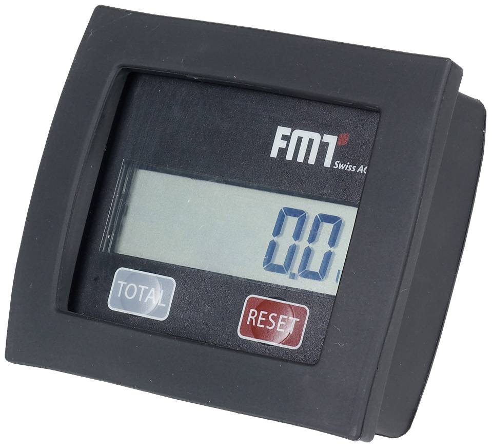 Compteur numérique avec deux boutons, 'Total' et 'Réinitialiser', sur un boîtier sombre. L'affichage indique '0,0'.