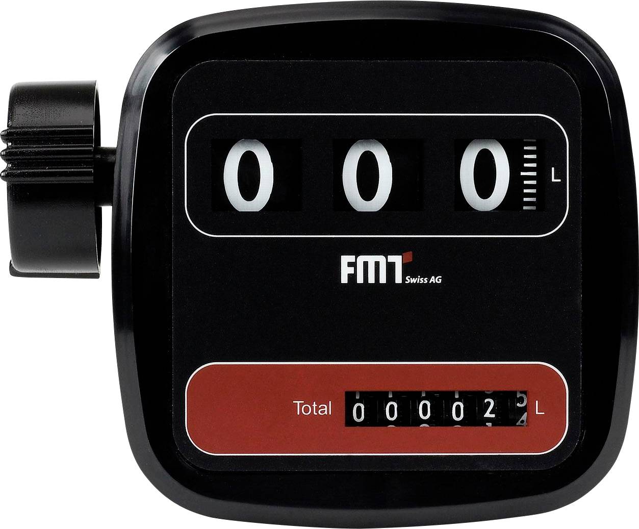 Compteur dans un boîtier noir avec trois grands chiffres blancs affichant '000' litres. La section inférieure indique 'Total : 00002 L'.