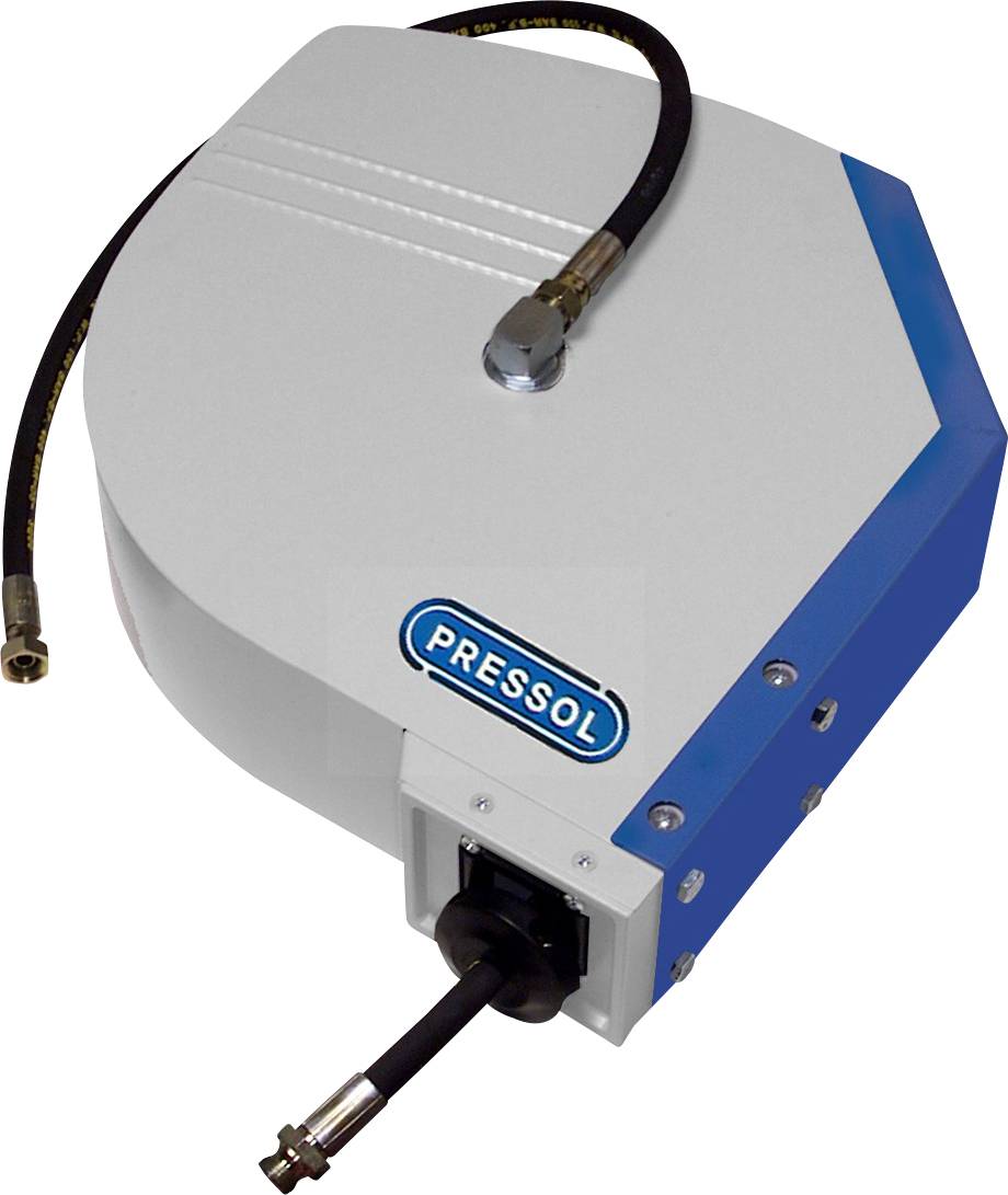 Enrouleur de tuyau de Pressol avec un boîtier bleu et gris. Le tuyau est partiellement déroulé.