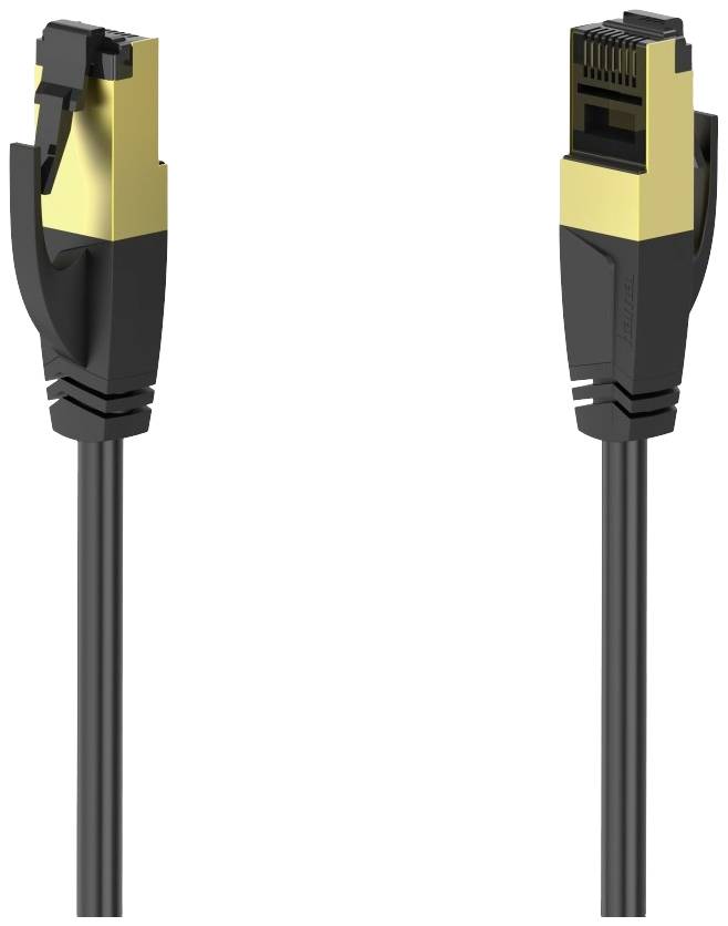 Deux câbles Ethernet noir et or munis de connecteurs RJ45 sont représentés côte à côte. Ils sont adaptés aux connexions réseau à haut débit.