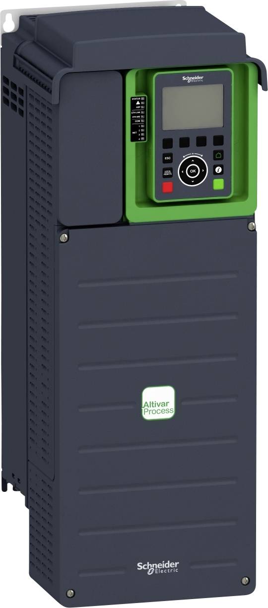 Un variateur de fréquence noir multifonction de Schneider Electric avec un affichage vert et des commandes pour le pilotage de moteurs électriques.