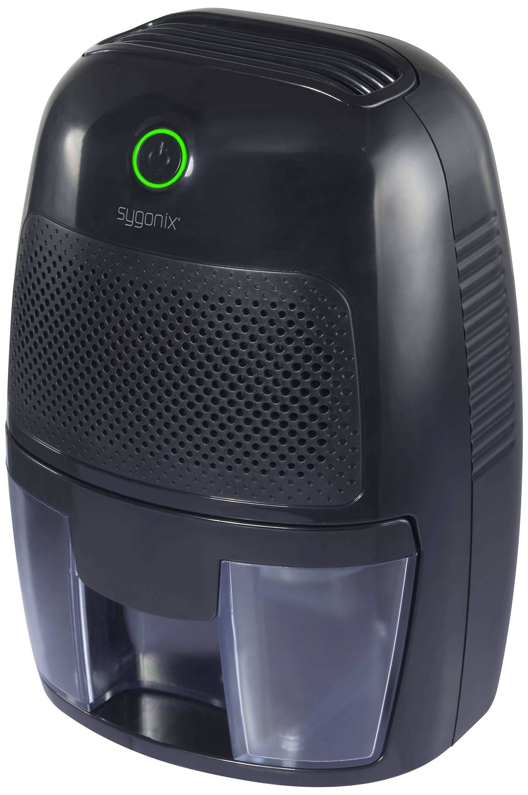 Déshumidificateur noir avec bouton de mise en marche vert lumineux, grande grille de ventilation et réservoir d'eau transparent en bas.