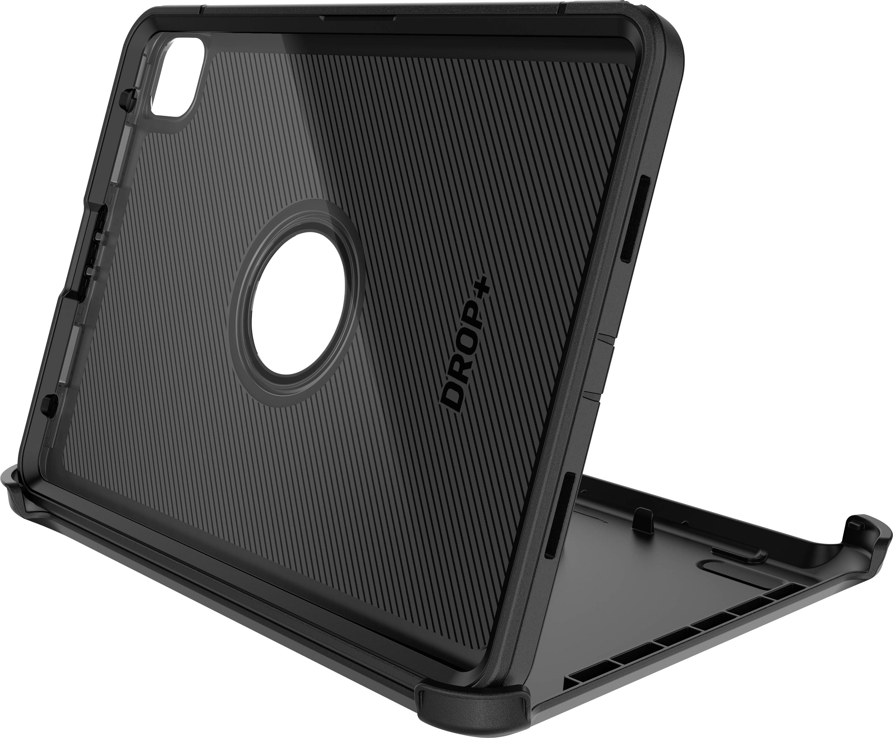 Un étui noir pour tablette en position verticale avec l'inscription 'DROP+' sur le côté. Il offre protection et stabilité.