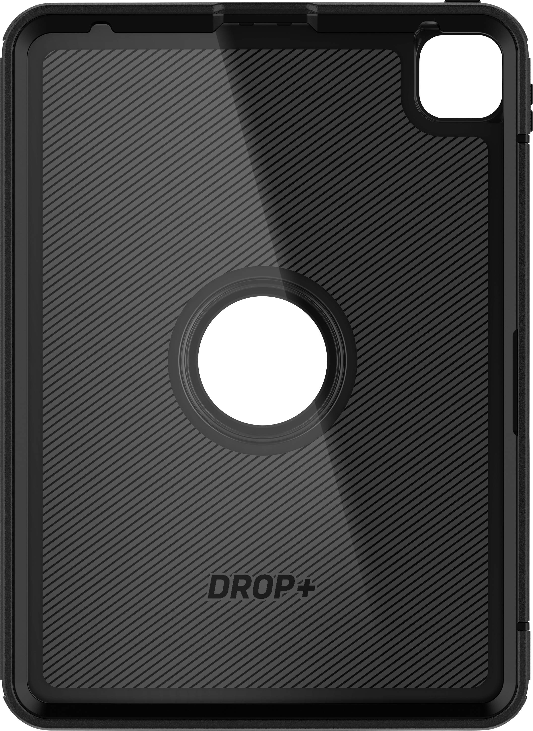 Étui robuste noir pour tablette avec ouverture circulaire et rayures diagonales. Adapté pour une protection contre les chutes, texte 'DROP+' en bas.