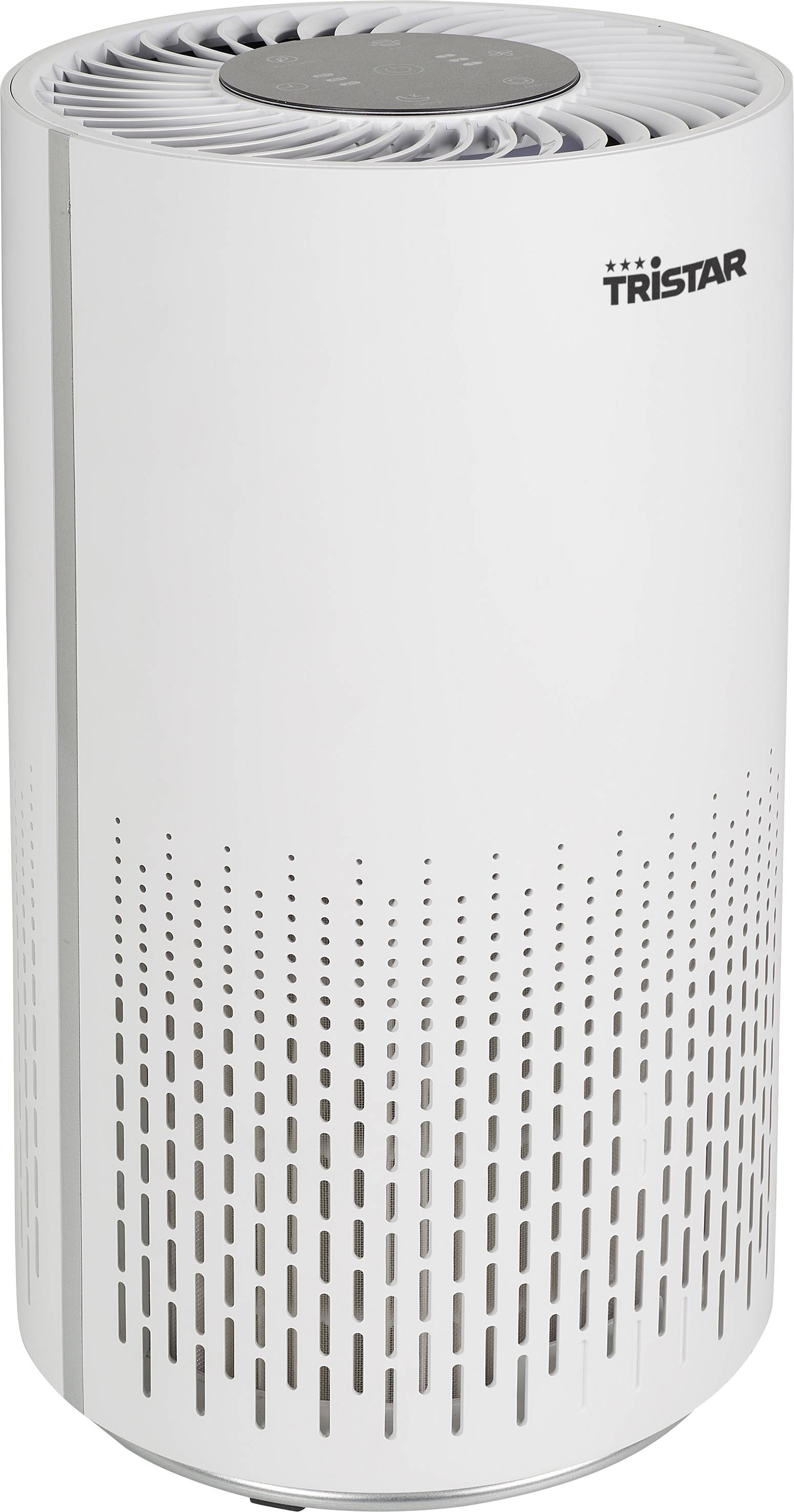 Purificateur d'air de forme cylindrique avec un boîtier blanc et des fentes d'aération grises, le nom de marque 'Tristar' visible en haut à droite.