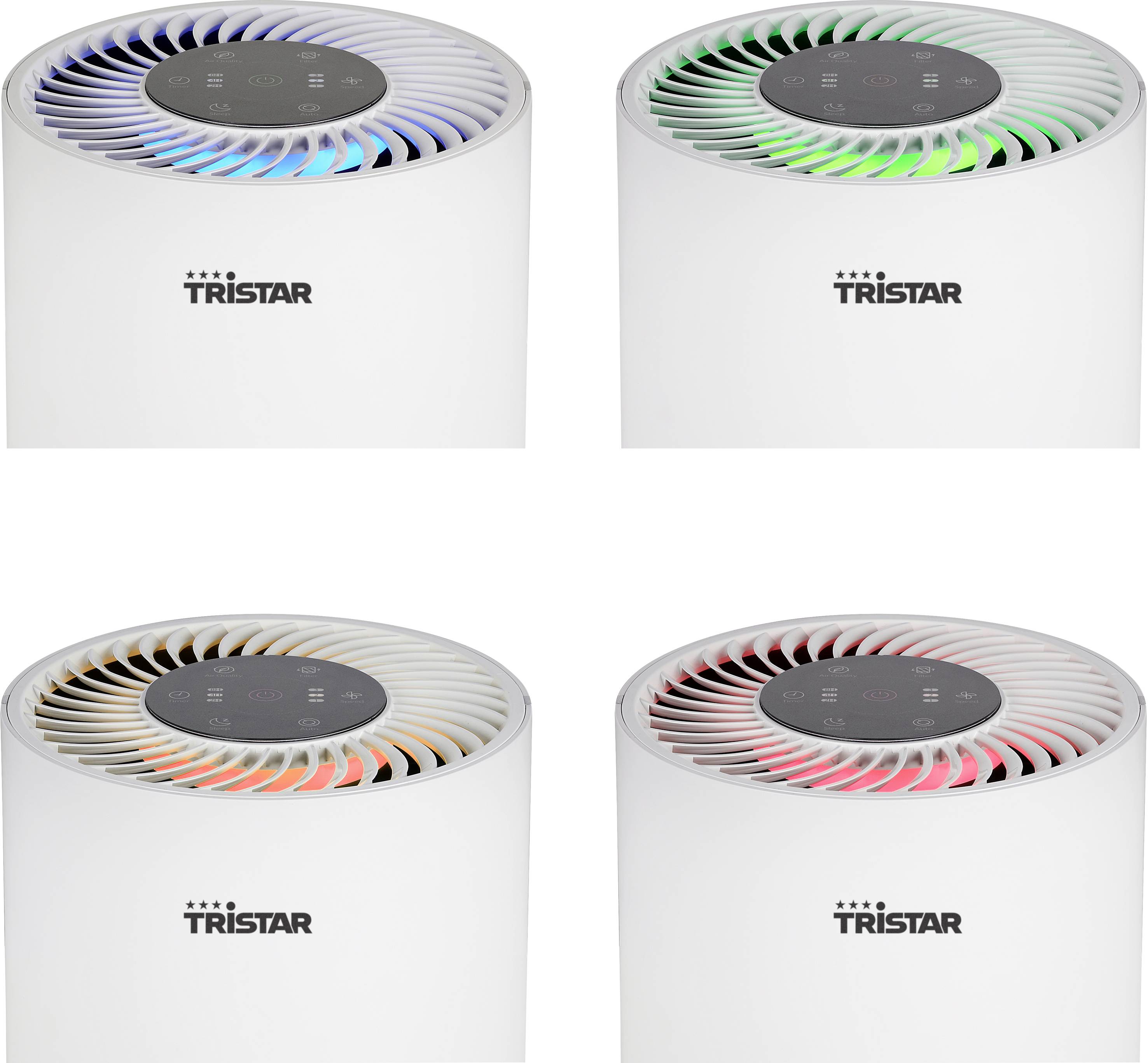 Quatre purificateurs d'air, chacun avec un affichage LED de couleur différente : bleu, vert, jaune et rouge. Le nom de marque 'TRISTAR' est visible.