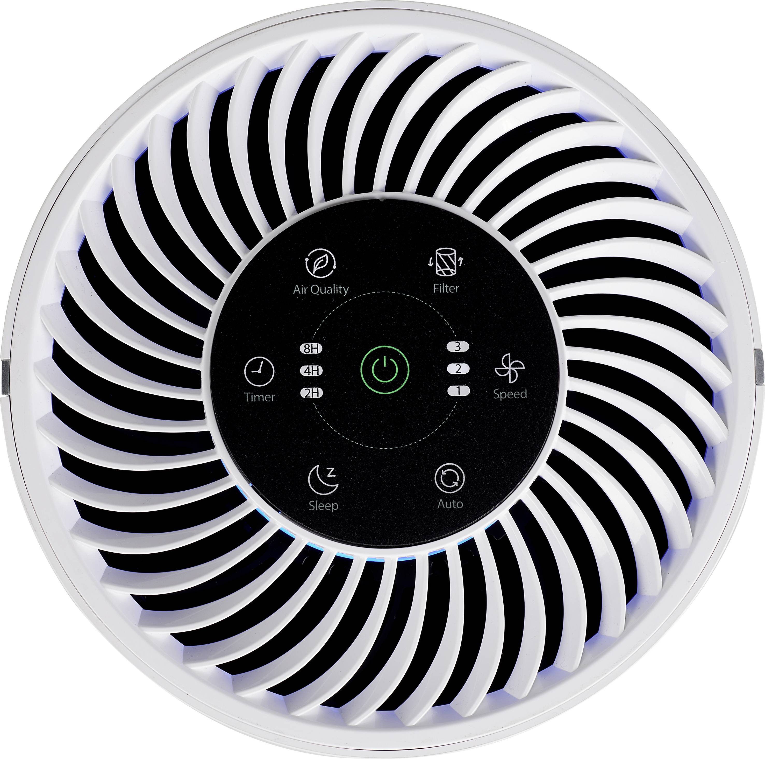 Purificateur d'air vu d'en haut avec commandes : qualité de l'air, filtre, minuterie, vitesse, mode veille et mode automatique.