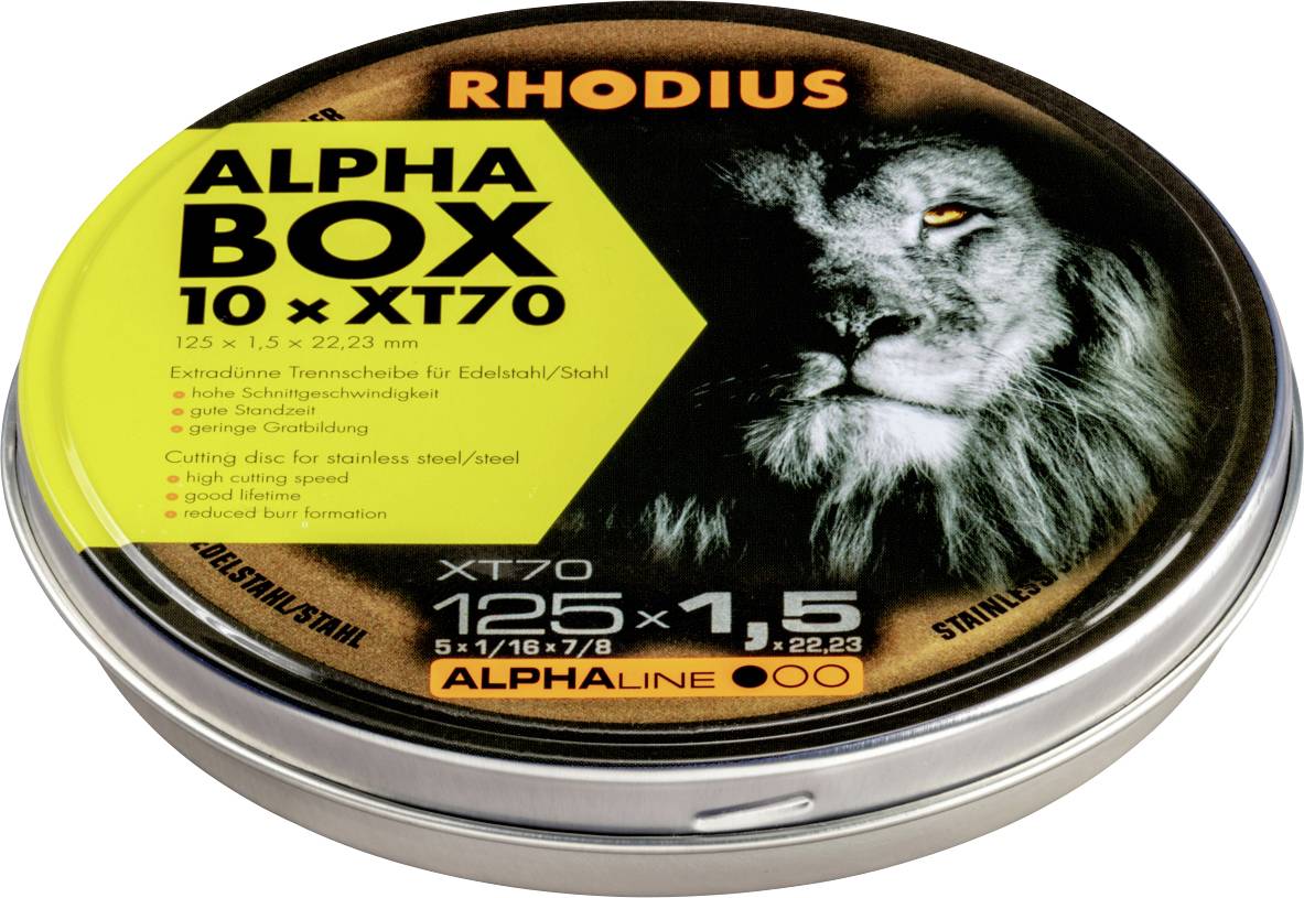Boîte métallique ronde avec image de lion et texte : « RHODIUS ALPHA BOX 10 x XT70 ». Disques de coupe pour acier inoxydable, taille : 125 x 1,5 x 22,23 mm.