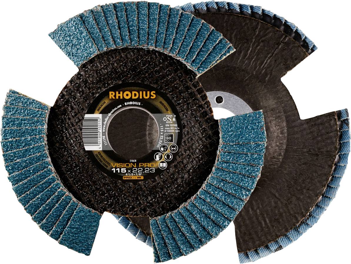 Deux disques de ponçage lamellaires bleus de la marque Rhodius, modèle Vision Pro, superposés, conçus pour une utilisation sur des meuleuses d'angle.