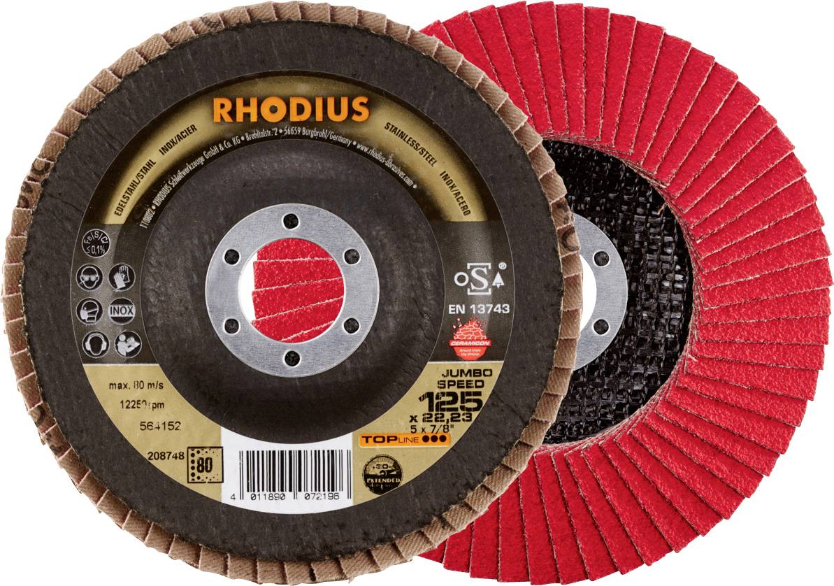 Deux disques à meuler portant l'inscription 'RHODIUS'. Le disque avant présente une texture rouge, tandis que celui à l'arrière a une surface rugueuse.