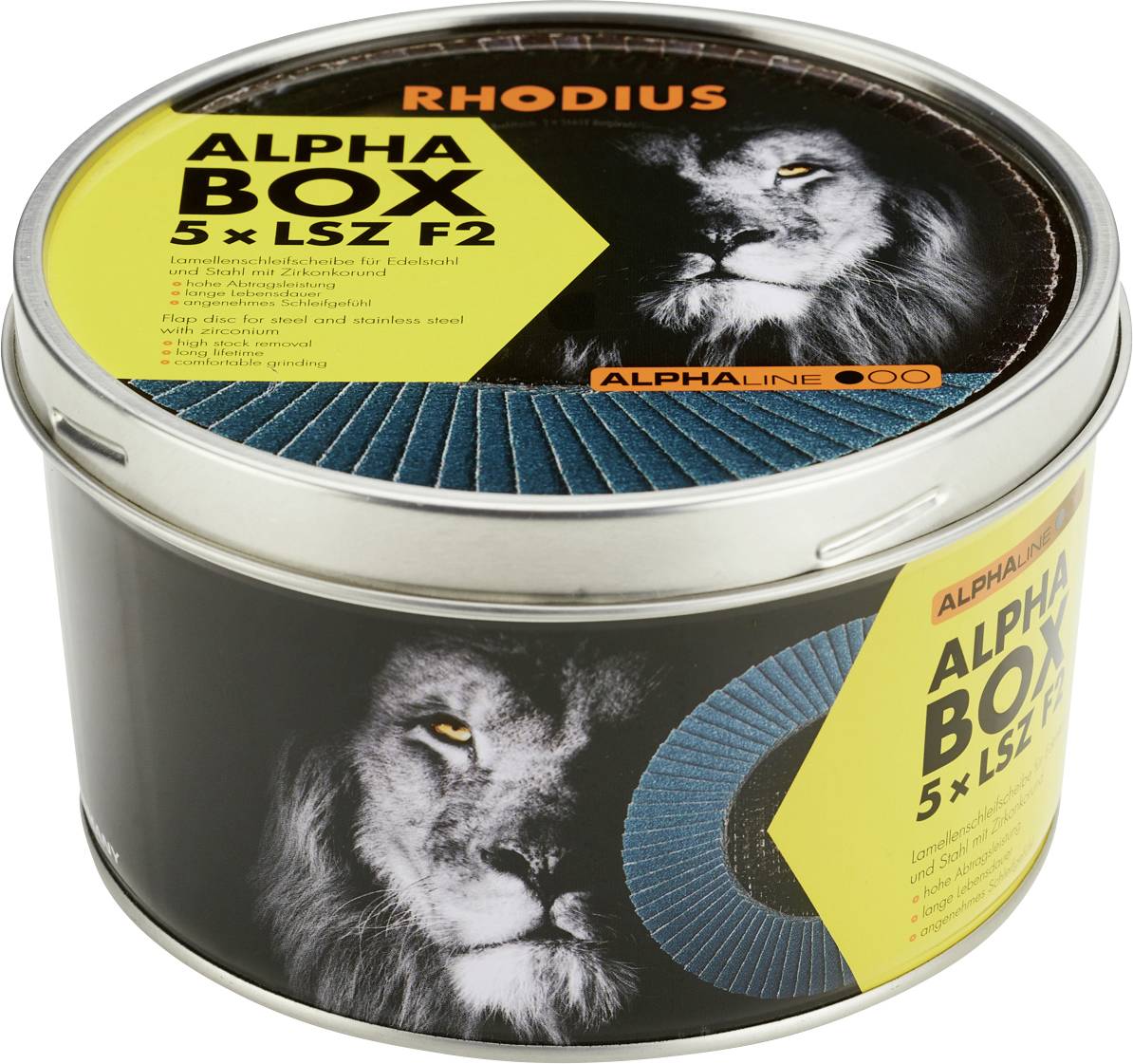 Une boîte métallique ronde avec une image de lion, contenant des disques à tronçonner 'ALPHA BOX 5 x LSZ F2' de Rhodius.