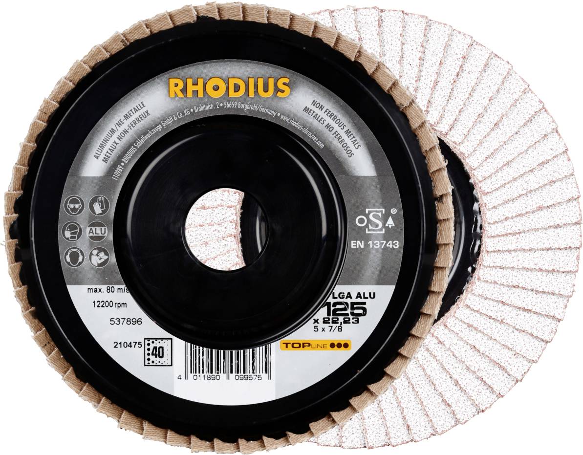 Deux meules abrasives portant l'inscription 'RHODIUS' et des informations de produit. Ces disques sont adaptés pour des matériaux tels que l'aluminium.