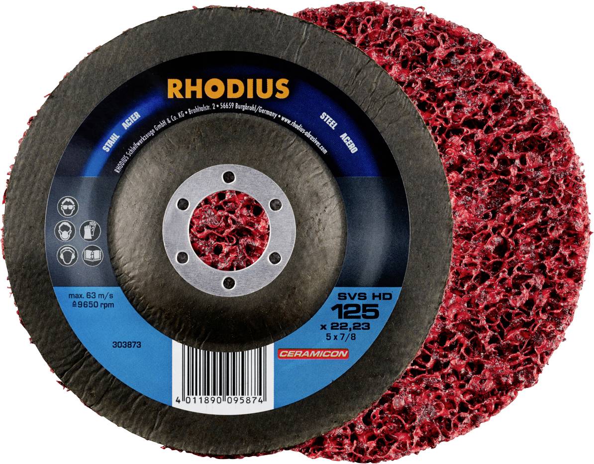 Disque abrasif 'RHODIUS SVS HD 125', rouge, pour acier/inox, vitesse max. 12 200 tr/min, diamètre 125 mm. Vue de face et de dos.