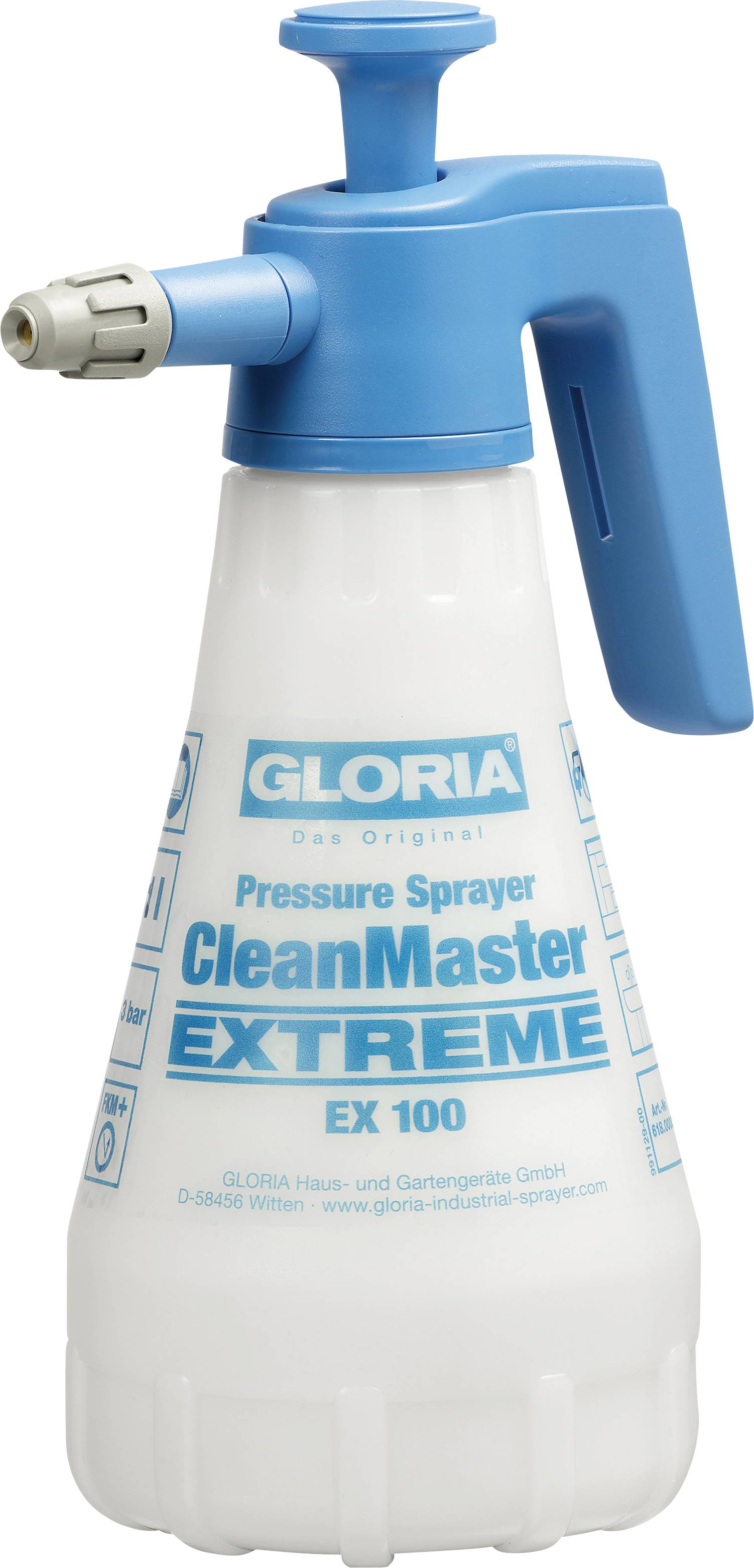 Vaporisateur manuel avec poignée bleue et buse. Étiqueté 'CleanMaster Extreme EX 100' pour applications de pulvérisation sous pression.