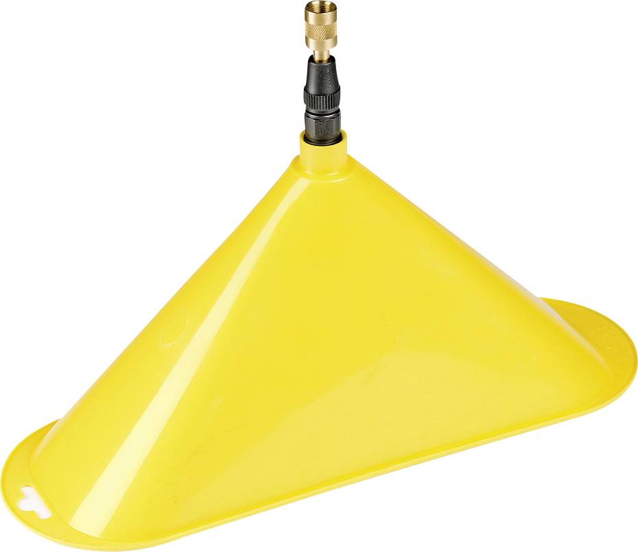 Un grand entonnoir en plastique jaune avec un adaptateur noir et doré en haut, probablement conçu pour verser des liquides en toute sécurité.