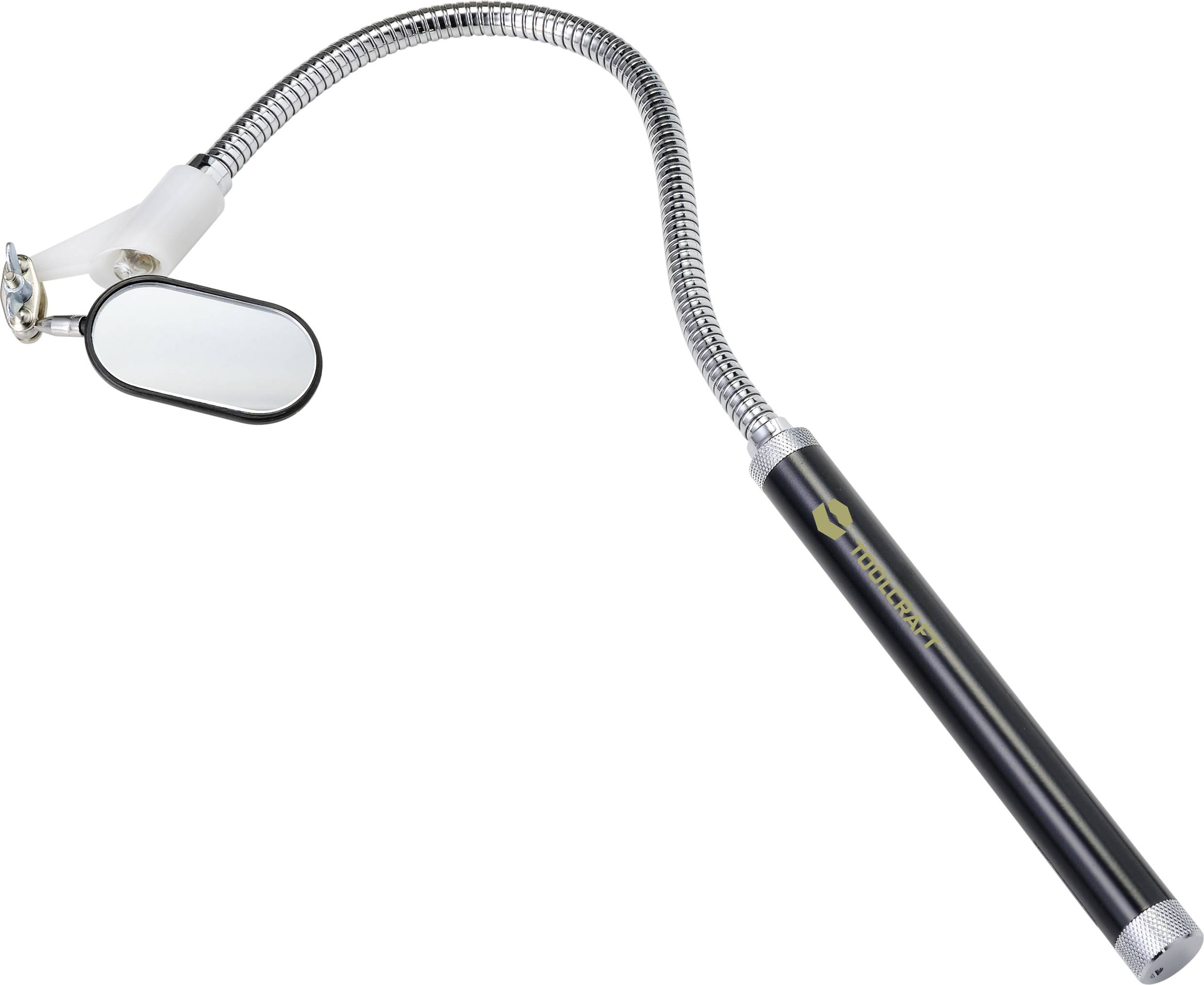 Un ramasse-objet magnétique noir avec un col de cygne flexible et un miroir rond à l'extrémité, utilisé pour soulever des objets difficiles d'accès.
