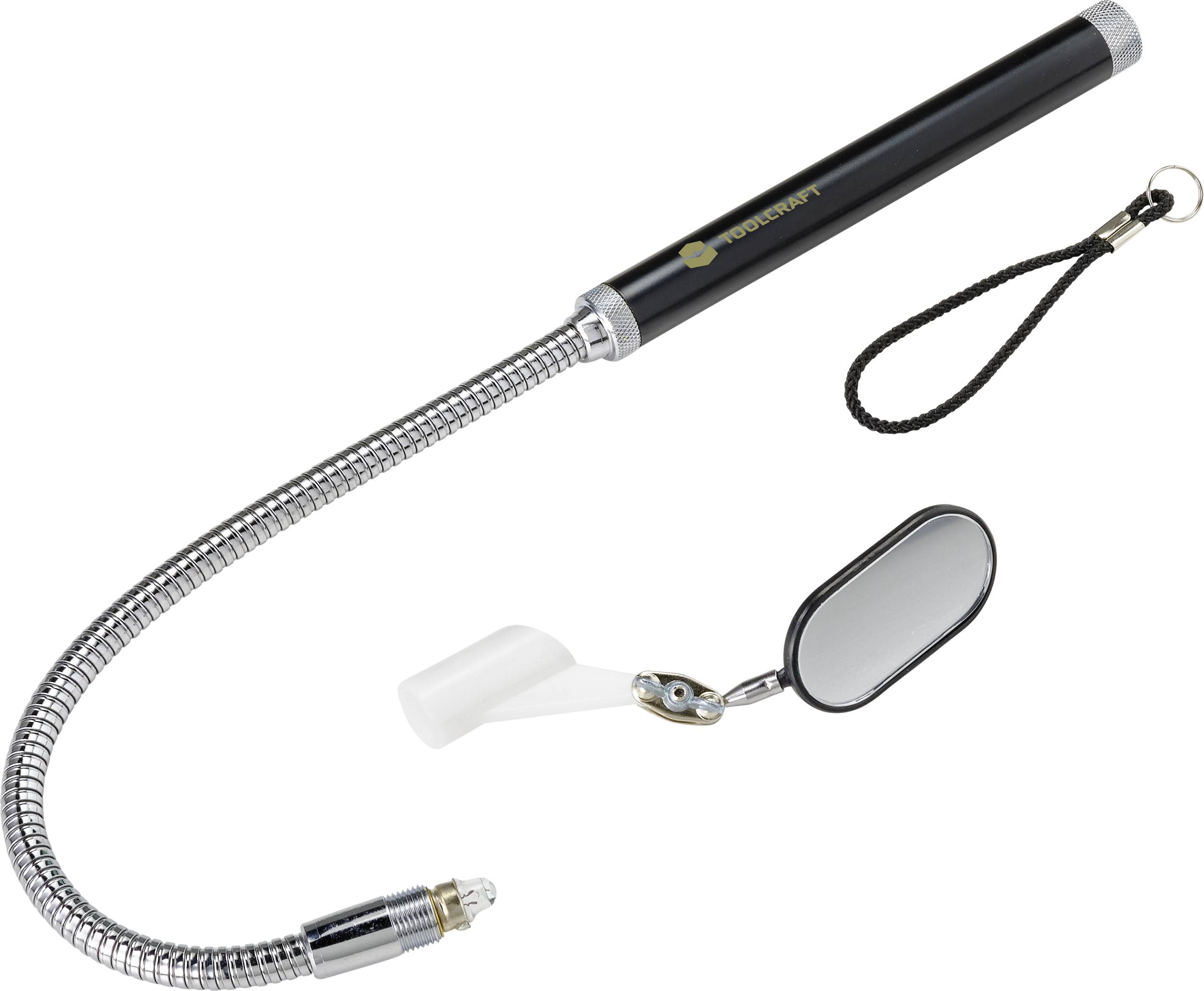 Tige d'inspection flexible avec éclairage LED, miroir réglable et dragonne, adaptée aux zones difficiles d'accès.