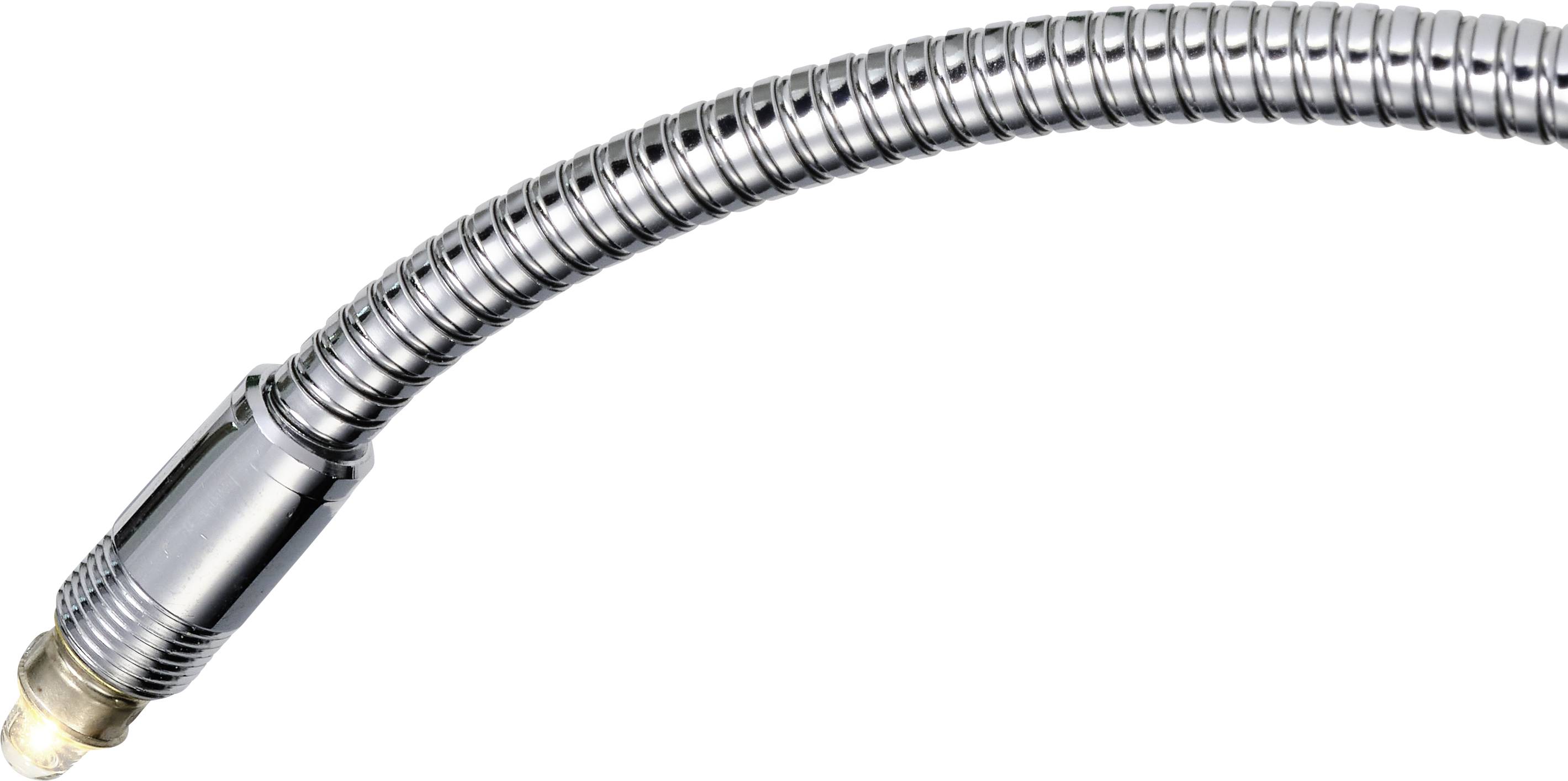 Flexible tuyau métallique à surface brillante avec un raccord à une extrémité, souvent utilisé pour les robinets ou les douches.