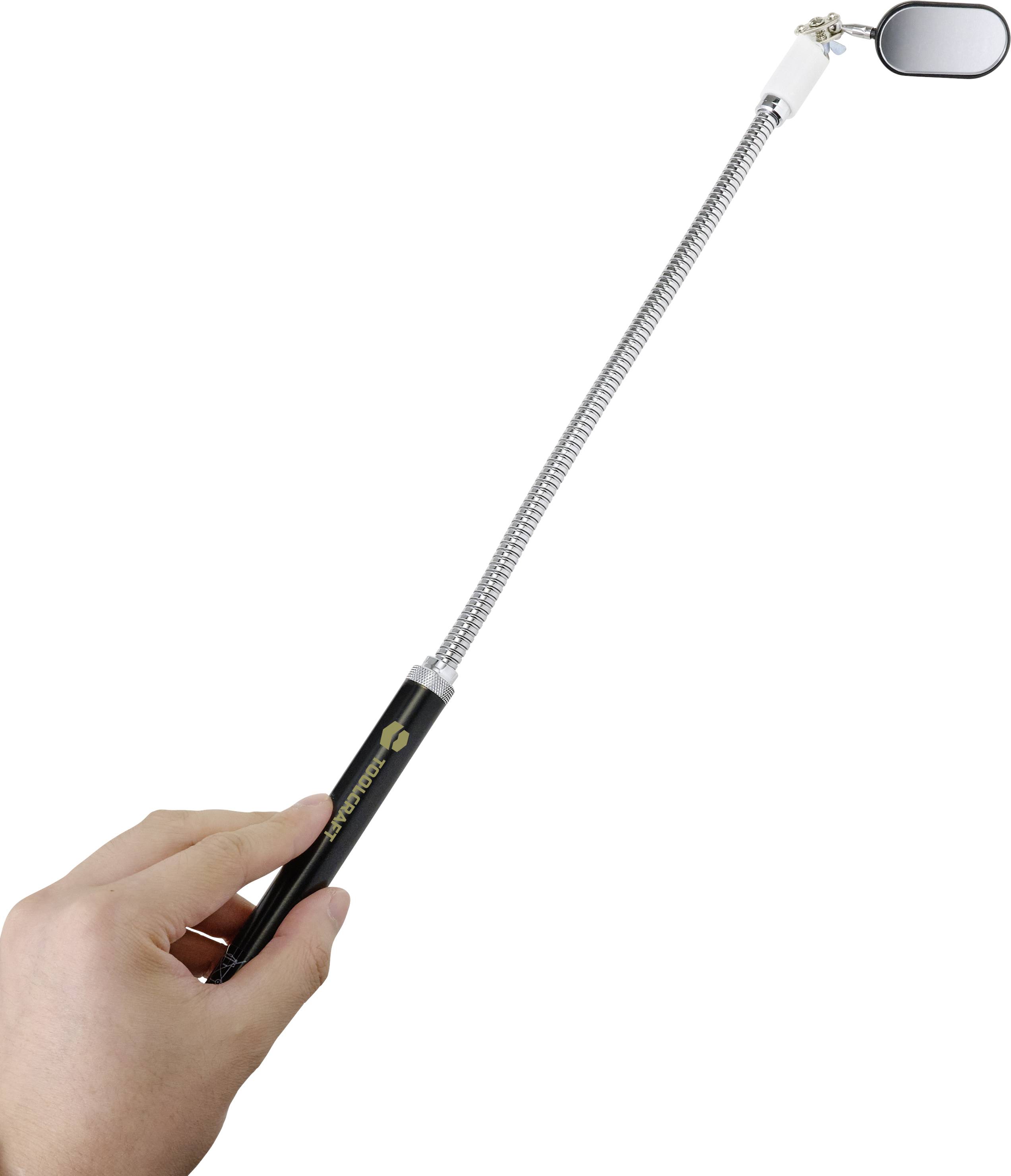 Une main tient un miroir d'inspection télescopique avec une poignée flexible.