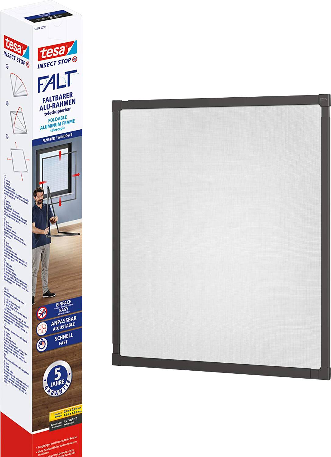 Fenêtre anti-insectes avec cadre pliable en aluminium de tesa. Adaptable, installation facile, garantie de 5 ans.