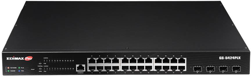 Commutateur réseau avec 24 ports Ethernet et 4 ports supplémentaires pour connexions à fibre optique dans un boîtier noir.