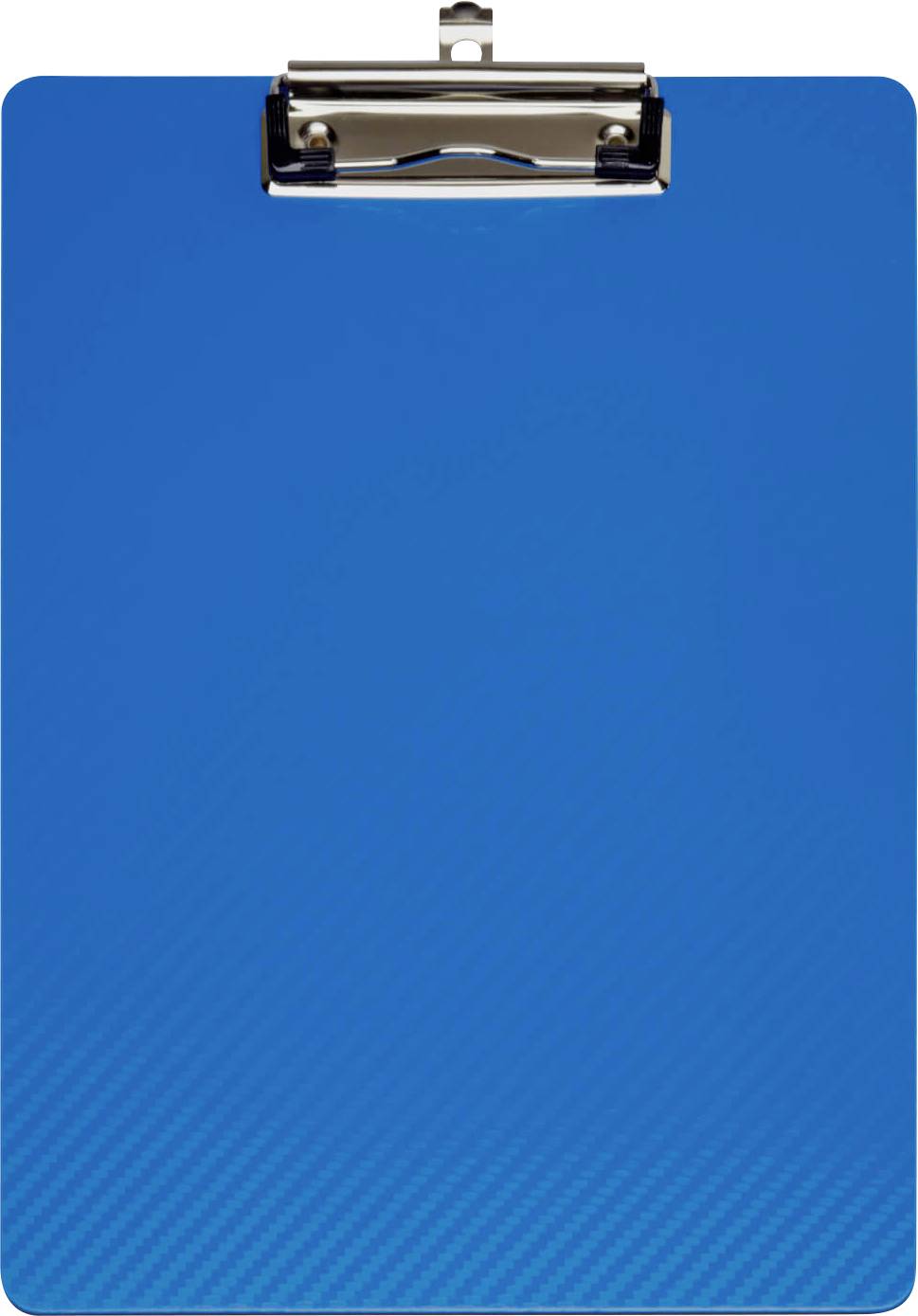 Un porte-bloc bleu avec une pince métallique en haut pour maintenir du papier.