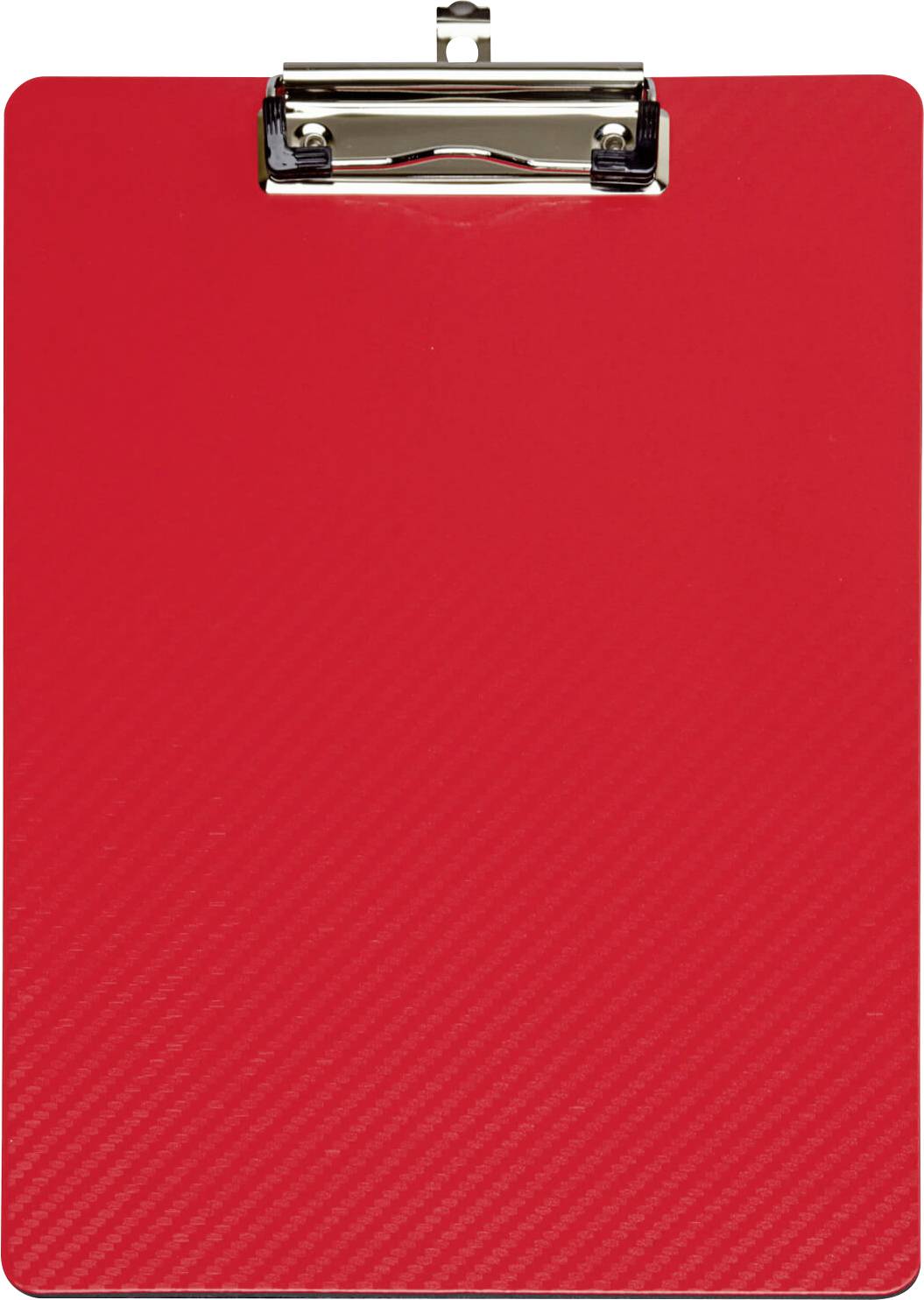 Un porte-bloc rouge avec une pince argentée en haut.